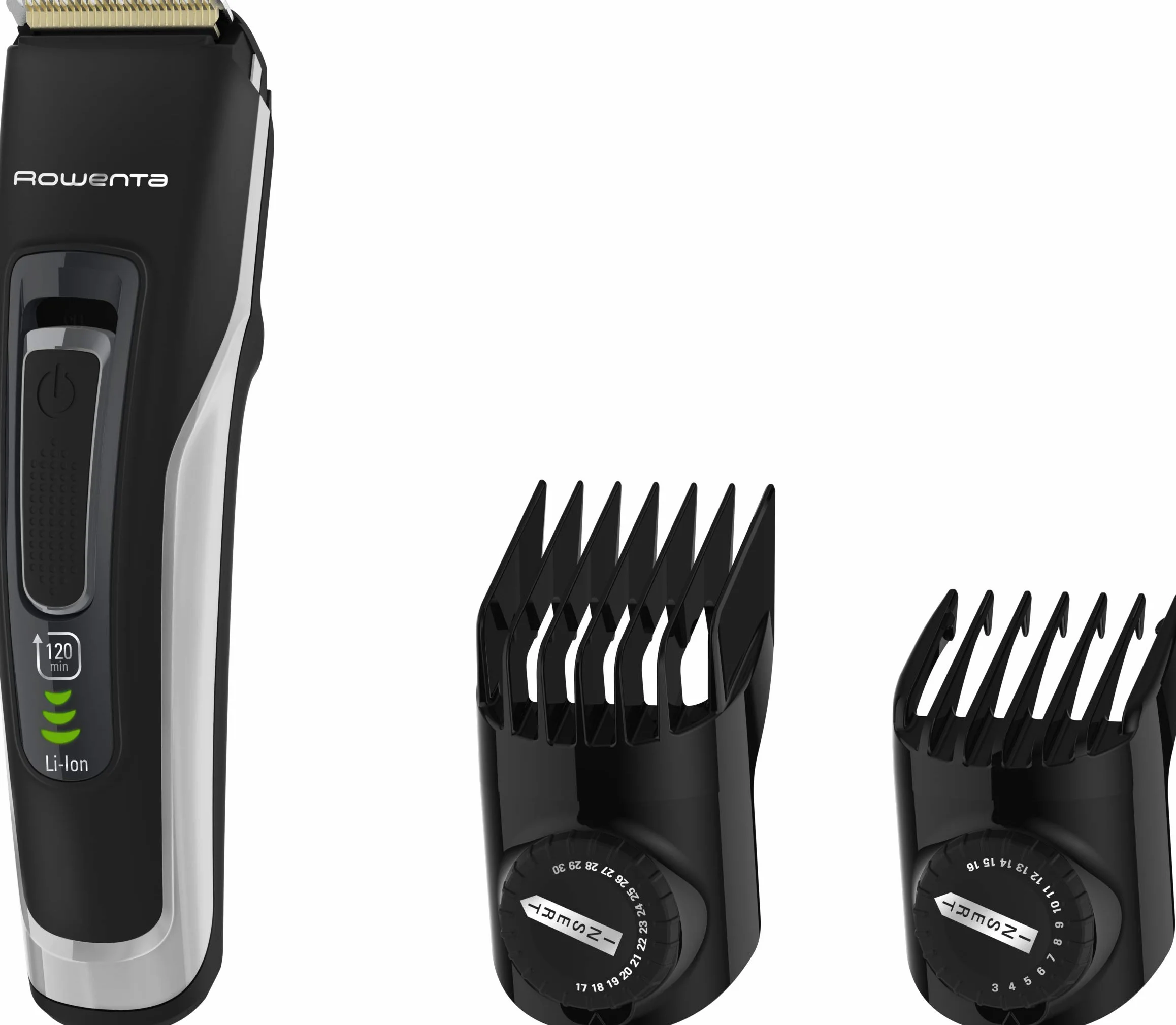 Rowenta TN5201 Advancer, Tagliacapelli, Lame autoaffilanti in acciaio Inox progettate per durare 15 anni, 29 lunghezze di taglio, 120 minuti di autonomia, Design compatto, Nero/Grigio