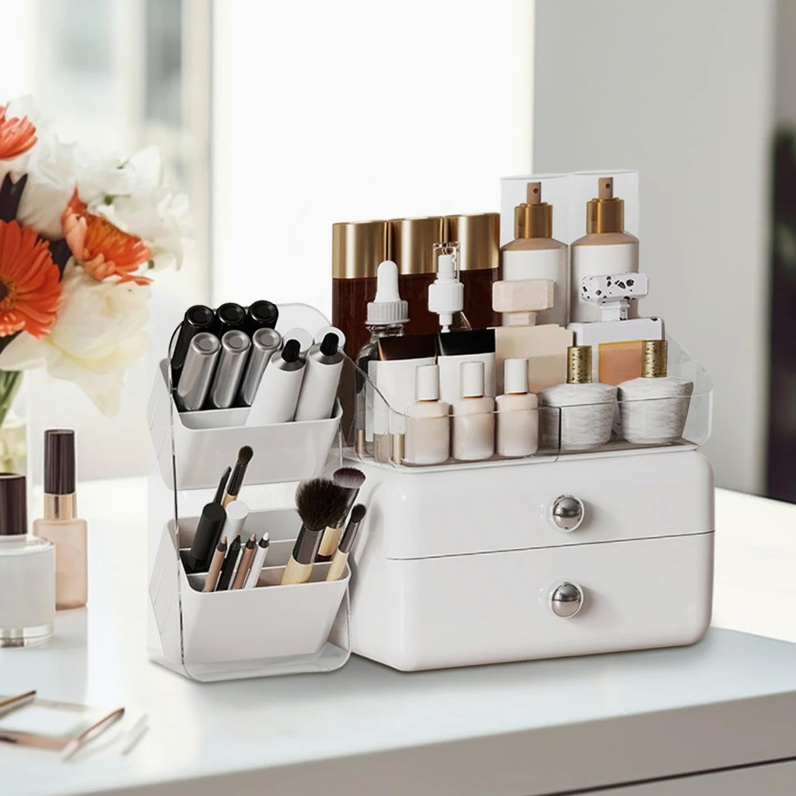 Organizer Trucco da Toeletta Espositore capiente con cassetti | Porta Trucchi con Portalpennelli per Casa, Bagno, Cucina, Lavabo, Cassettiera, Dispensa
