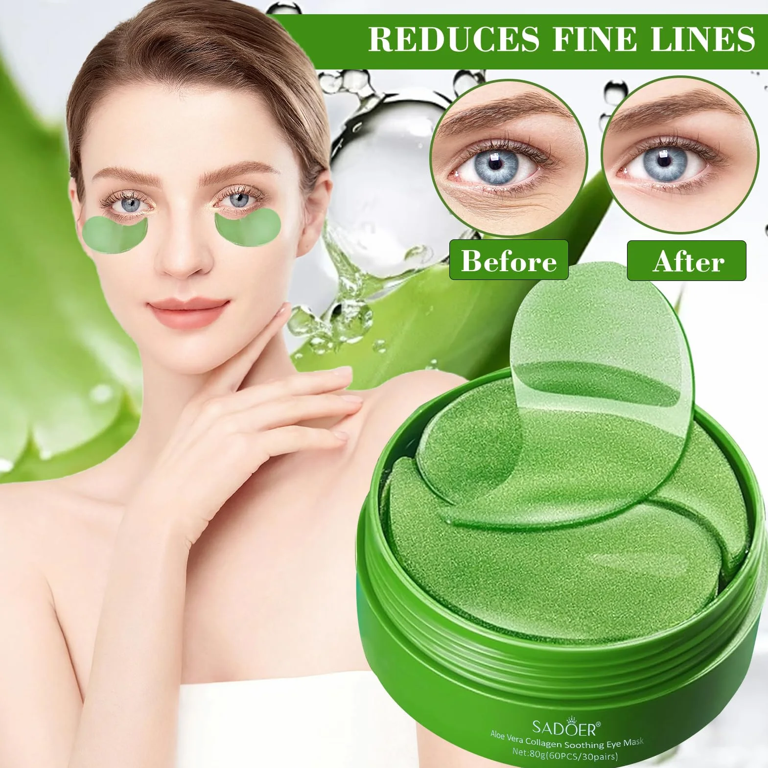 60 Pezzi Aloe Vera Maschera Occhi, Collagene Patch Occhi con Maschera per le Labbra, Patch Occhiaie e Borse, Anti-Rughe e Anti-Occhiaie, Rimuovi Borse e Puffiness, Idrata Anti-Età