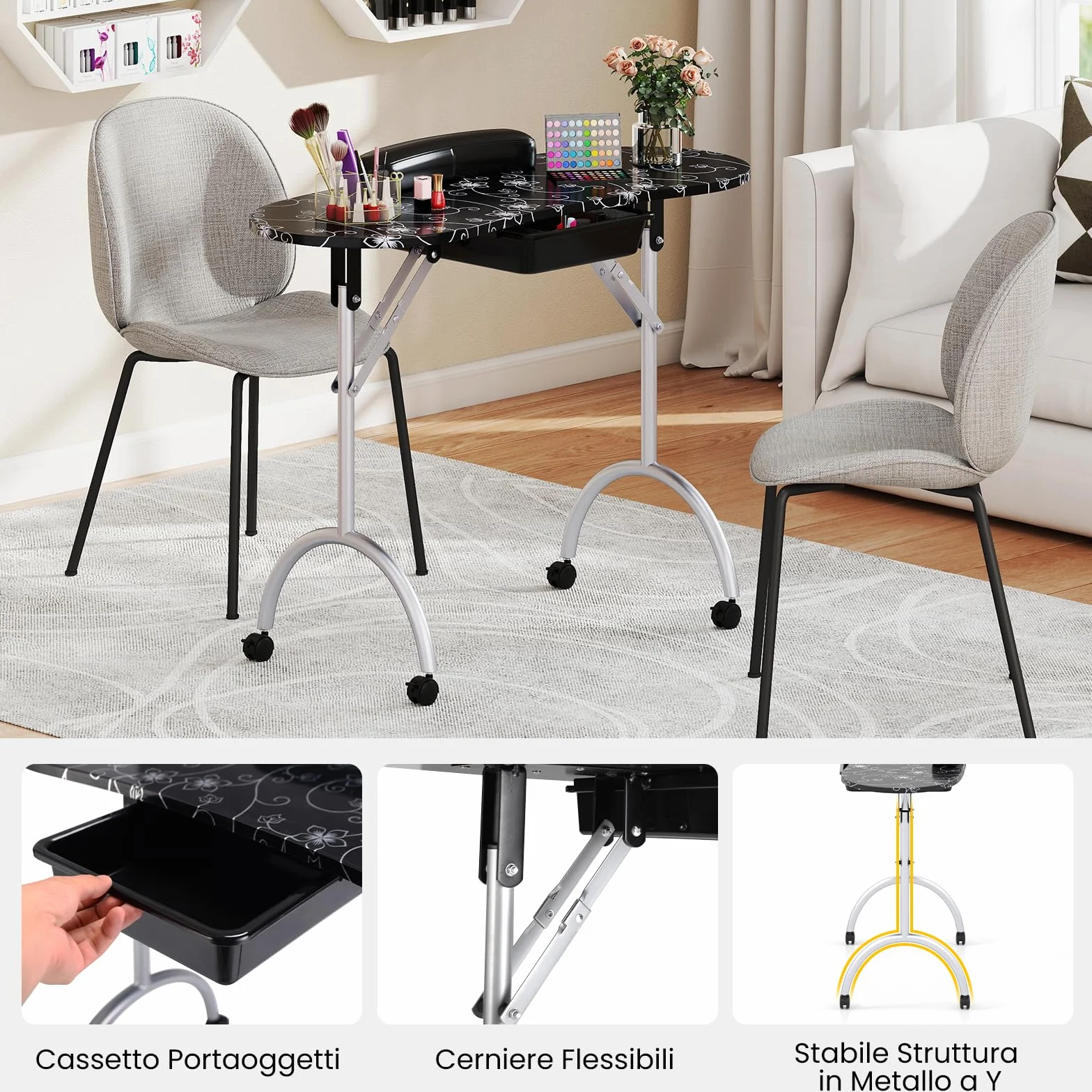 COSTWAY Tavolo Manicure Pieghevole, Tavolo Unghie Estetista Portatile con Ruote, Cassetto, Cuscino Poggiapolsi e Borsa