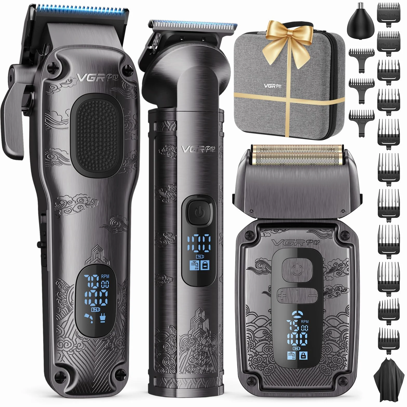 VGRPRO Set di Tagliacapelli uomo professionale e Trimmer Capelli, Rasoio Elettrico a Lamina, Macchinetta per capelli, 4 Impostazioni di Velocità, Display LED della Batteria, Uso da Barbiere (Grigio)