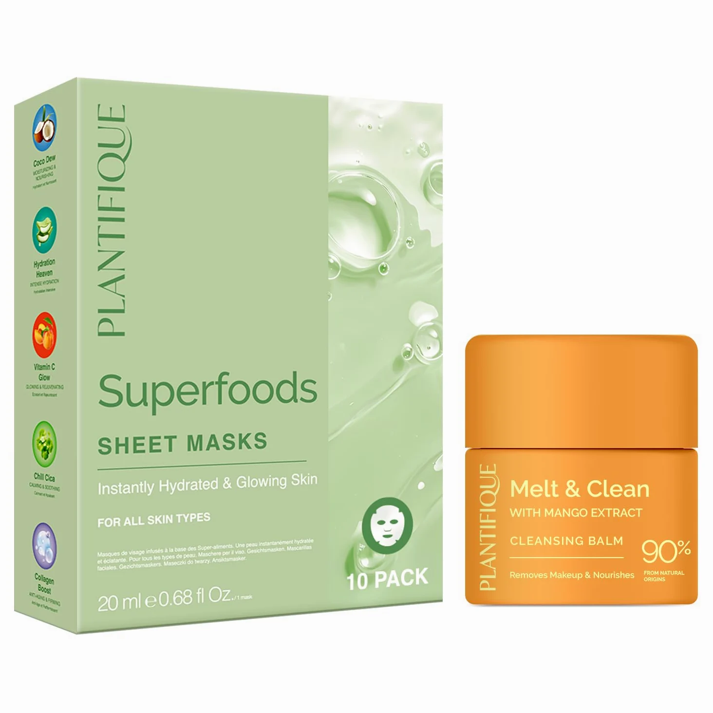 PLANTIFIQUE Superfood Maschera Viso in Tessuto Varietà Box 10 Pezzi - Idratante e Illuminante & Burro Struccante Coreano Viso e Occhi - Makeup Remover Waterproof - 40 g