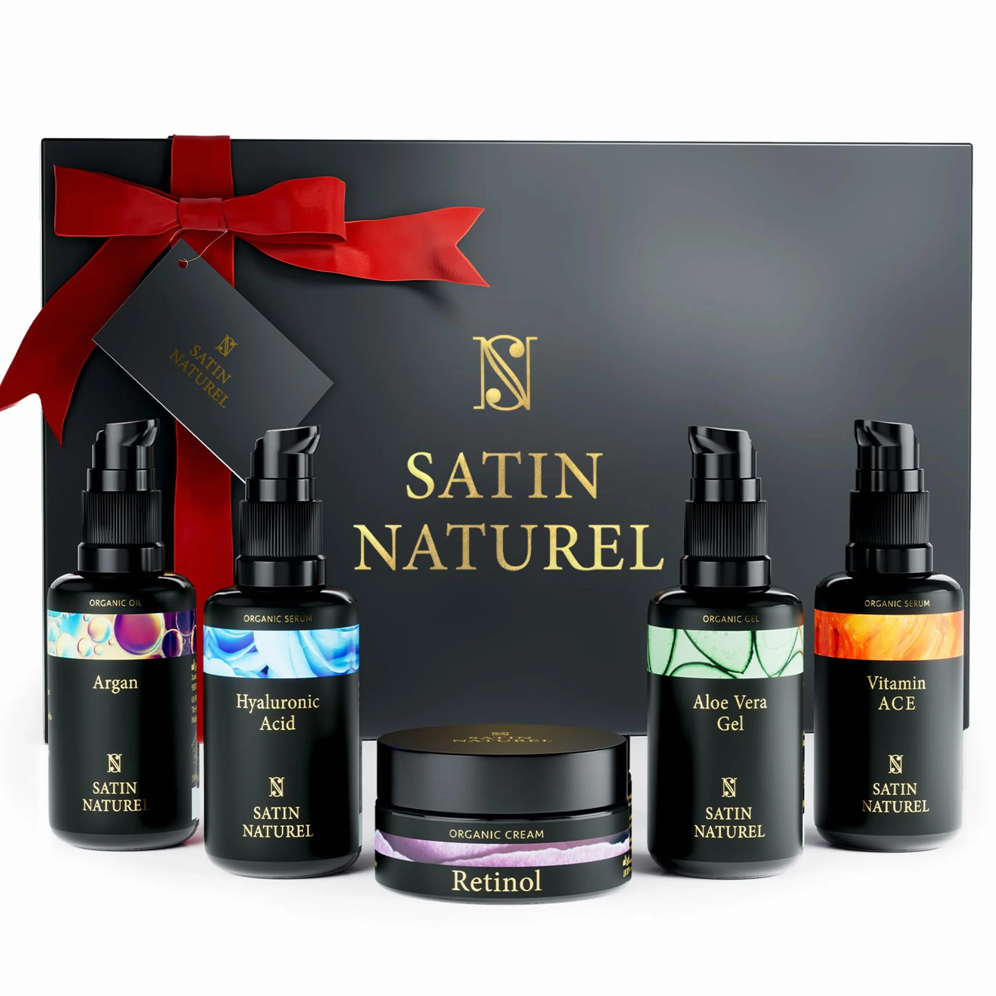 Satin Naturel Set Regalo per Donna – Routine Skincare 5x30 ml con Gel di Aloe Vera, Olio di Argan, Siero Vitamina C, Siero Acido Ialuronico & Crema Retinolo – Vegano in Confezione Regalo di Lusso