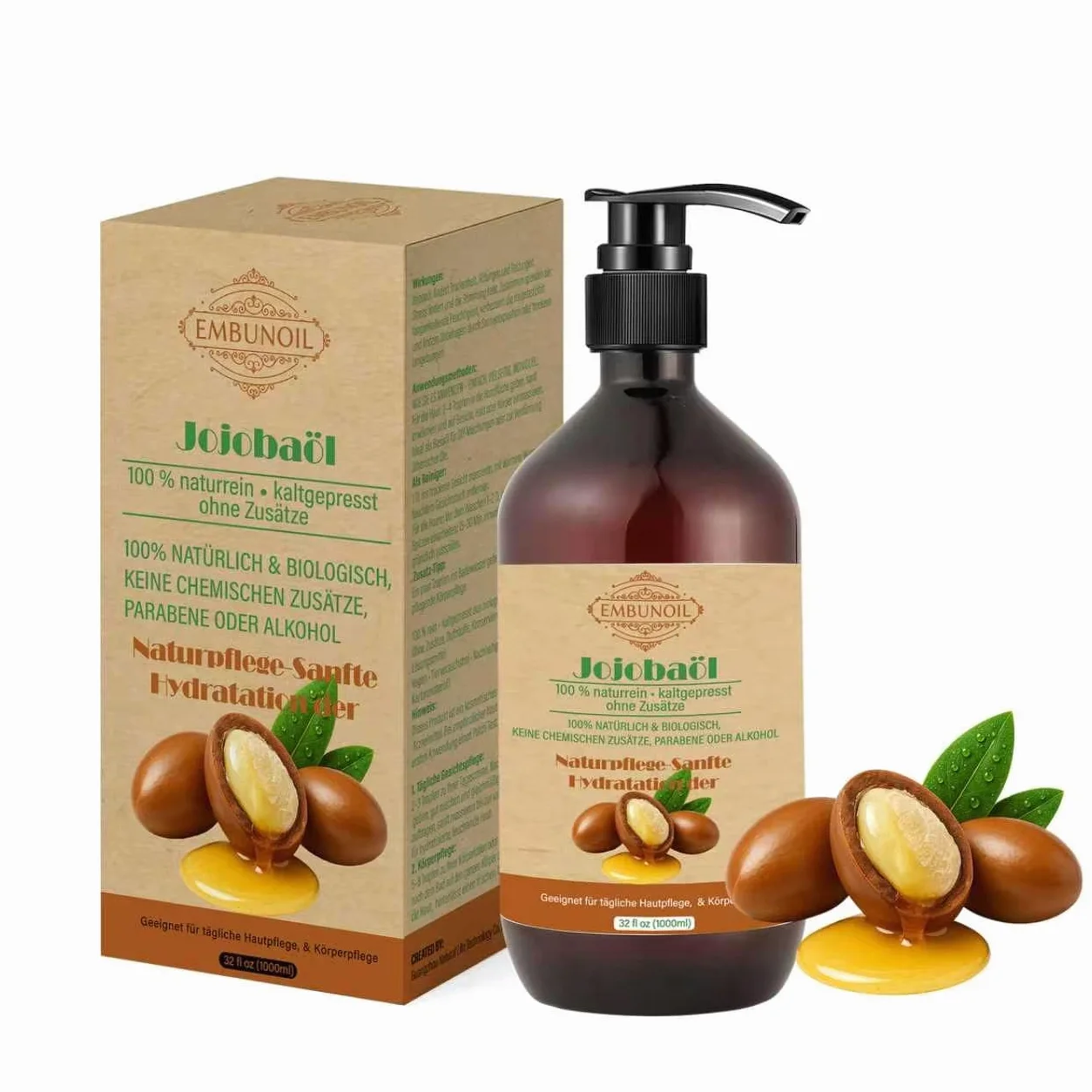 Olio di jojoba, 1000 ml, puro al 100% naturale e spremuto a freddo, senza additivi, per la cura della pelle, dei capelli e delle unghie, con dispenser dosatore