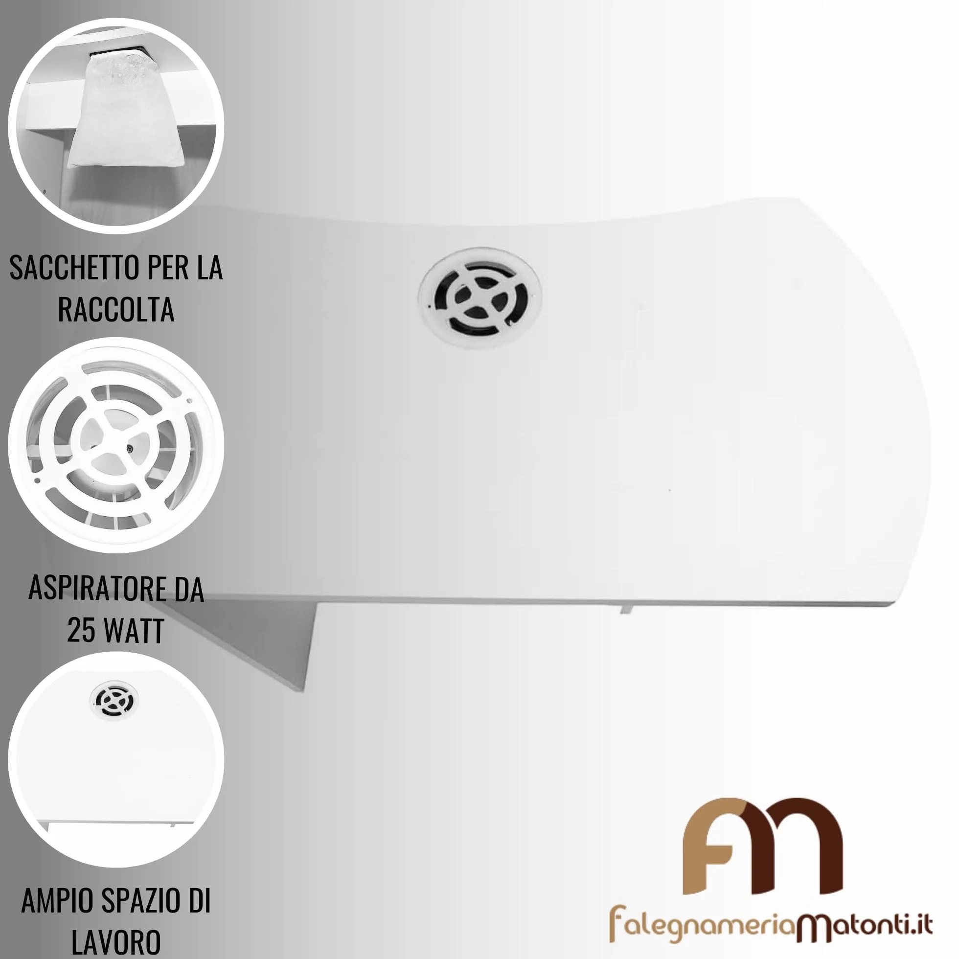 Matonti - Tavolo Manicure Professionale per Unghie con Aspiratore Elettrico e intarsi in acciaio - Ideale per Nail Art Ricostruzione Unghie, + Aspiratore per Polveri - Made in Italy, in Legno Bianco