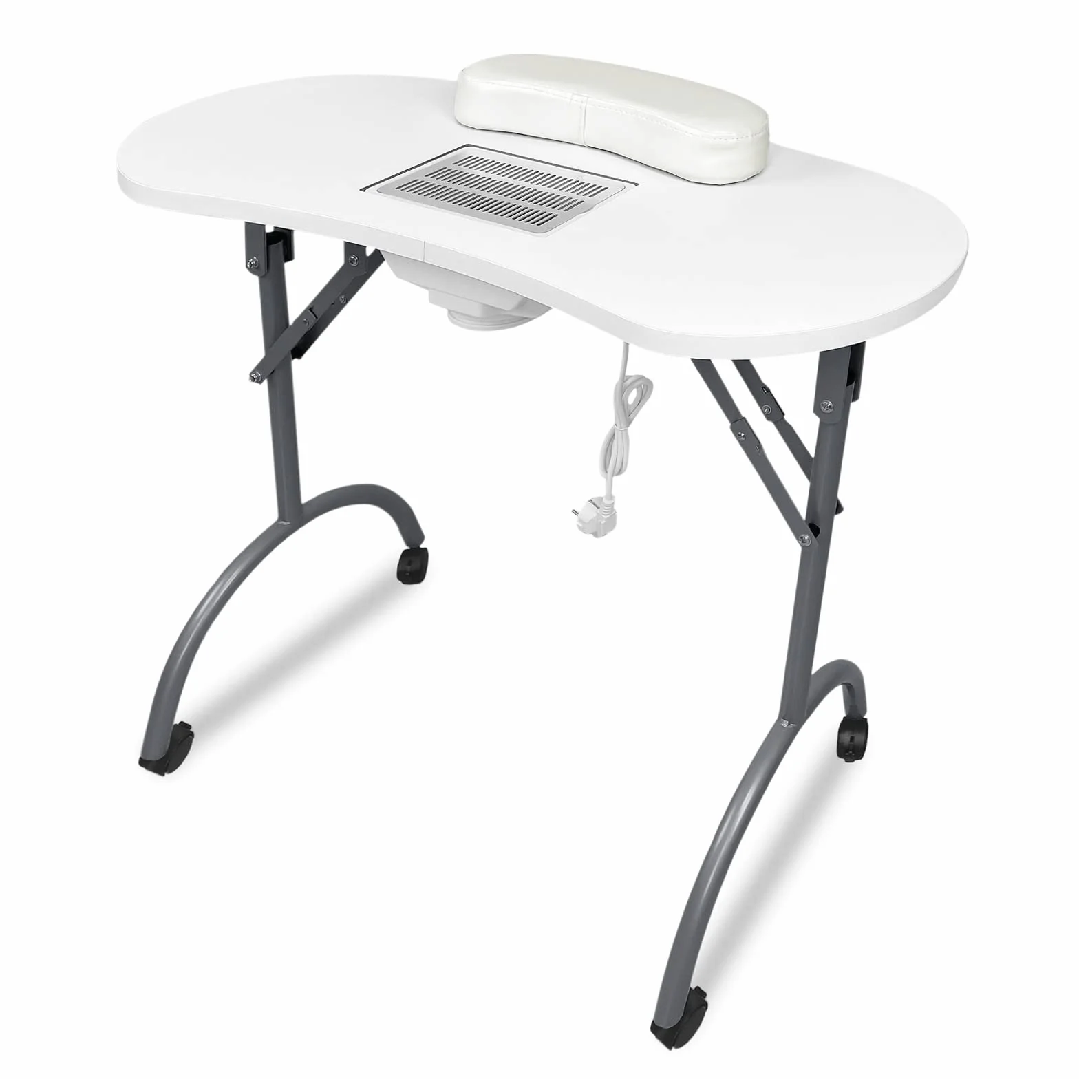HENGMEI Tavolo per Unghie con Aspirazione, Tavolo Mobile per Manicure con Estrazione Della Polvere Incorporata Pieghevole per Salone per Unghie con Rotelle e Cuscino per i Polsi, Bianco