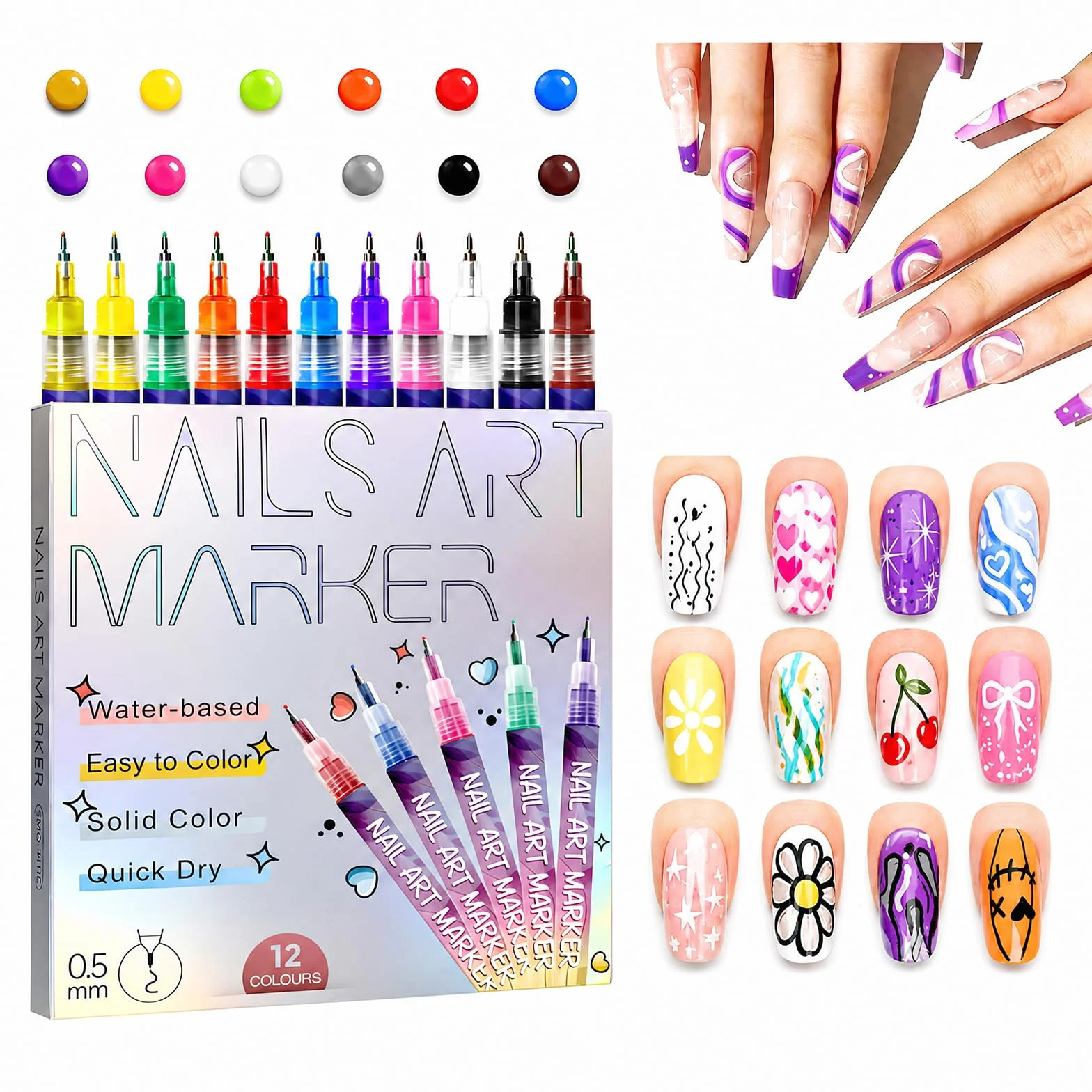 Penne per Nail Art 3D a Punta Fine, 12 Colori 0.5MM - Pennarelli per Unghie Penna Punta Graffiti Pennello per Disegno Puntinatura per Casa Salone per una Rapida Nail Art Fai da Te