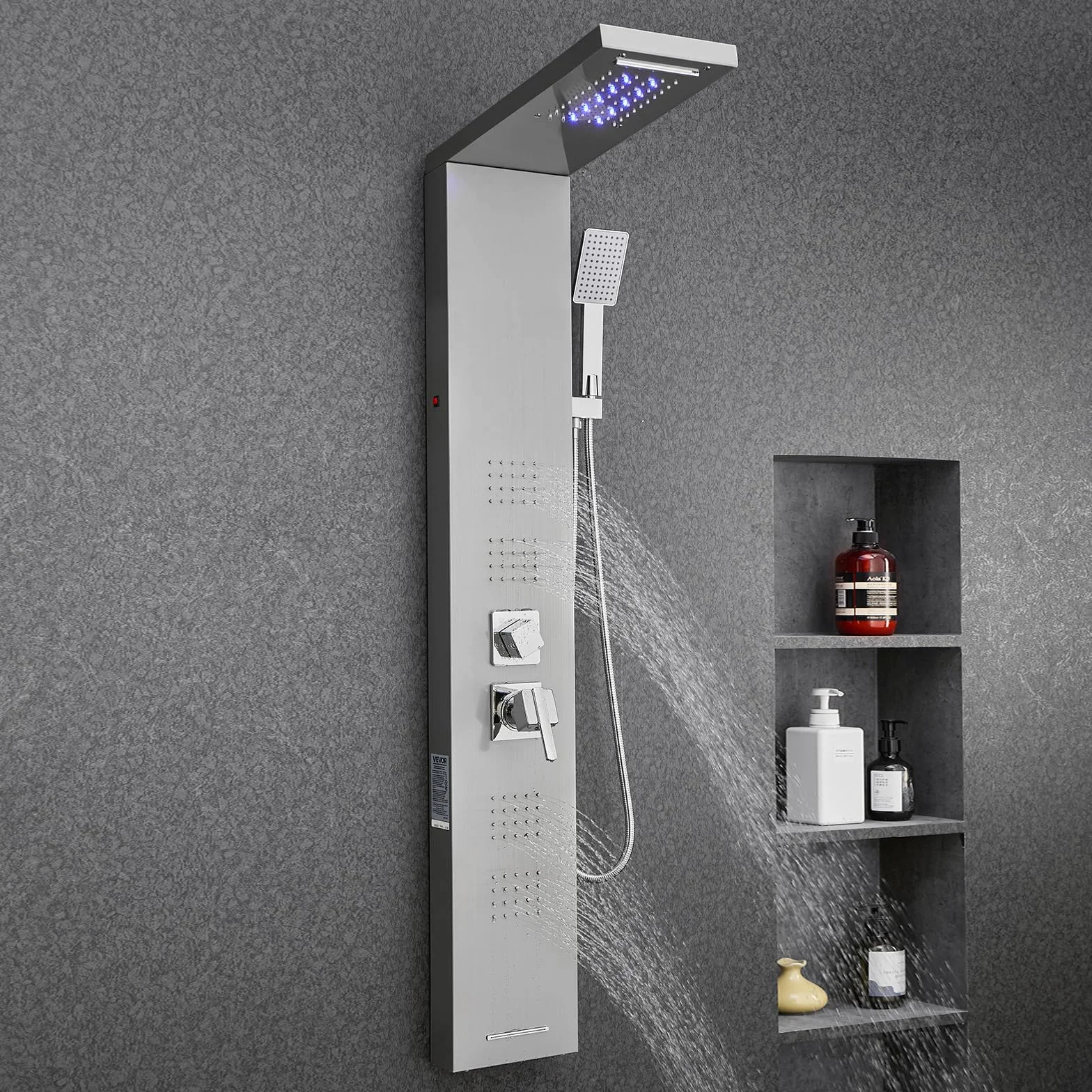 VEVOR Pannello Doccia a Torre con Soffione a Cascata LED, Colonna Doccia in Acciaio Inox Spazzolato 1345 mm, Rubinetto 5 Funzioni con Doccetta e Beccuccio per Vasca