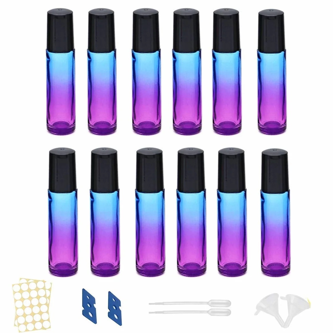 12 bottiglie di oli essenziali da 10 ml, colore sfumato, roll-on con imbuto/apertura/etichette, per massaggi profumi