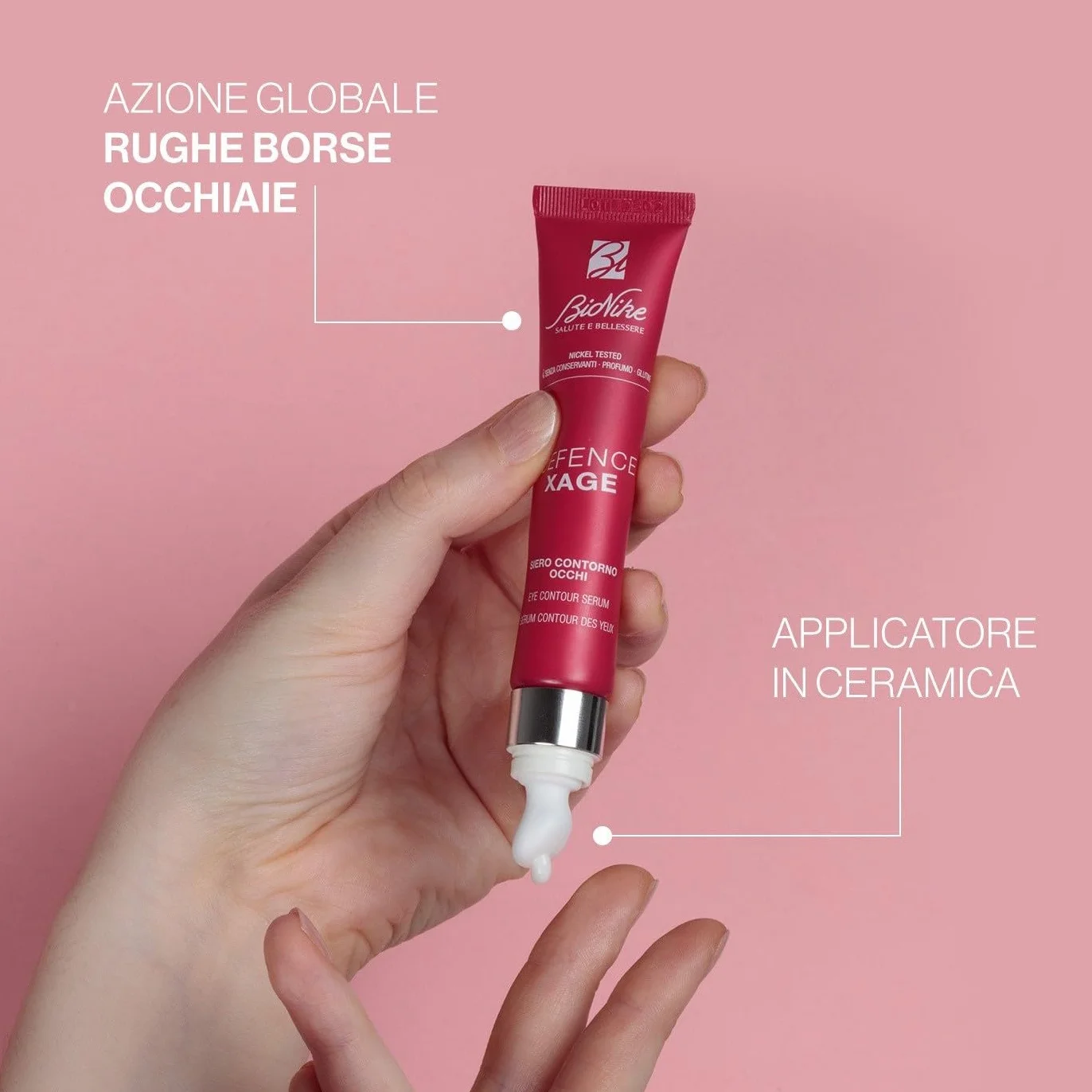 Bionike Defence Xage - Siero Contorno Occhi Anti Age, per Pelli Sensibili e Intolleranti, Leviga il Contorno Occhi, Attenua Borse, Occhiaie e Rughe Profonde, Dona Luminosità, 15 ml
