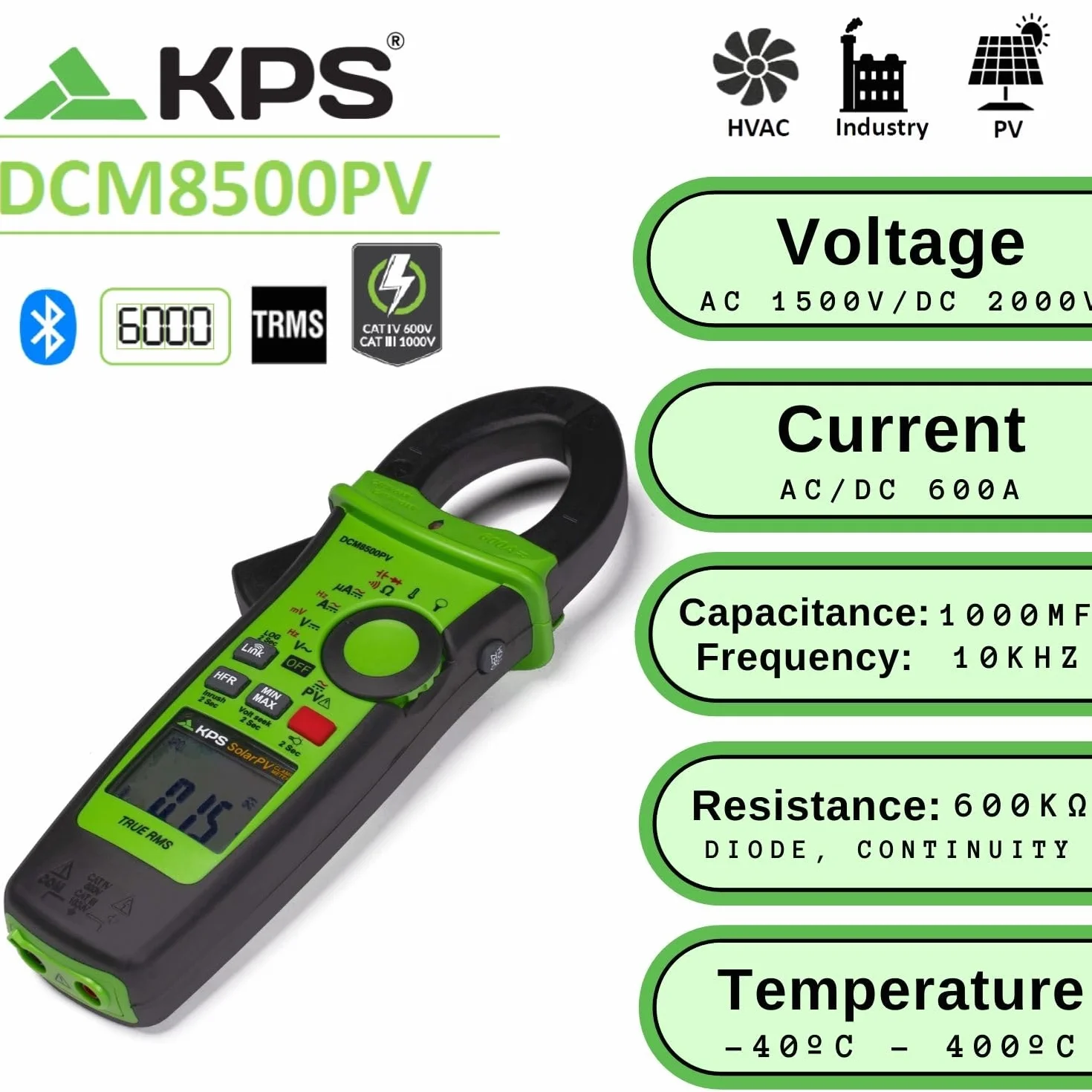 Pinza Amperometrica TRMS con Bluetooth KPS-DCM8500PV 1500VAC 2000VDC 600A 4000µA DC Solari