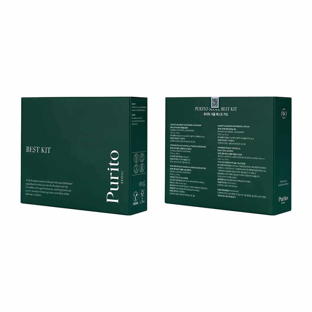 PURITO SEOUL Best Kit per la cura della pelle con detergente e crema al pantenolo, siero e toner alla centella inodore, per tutti i tipi di pelle, set regalo, per viso, siero viso, K-Beauty, 104 ml