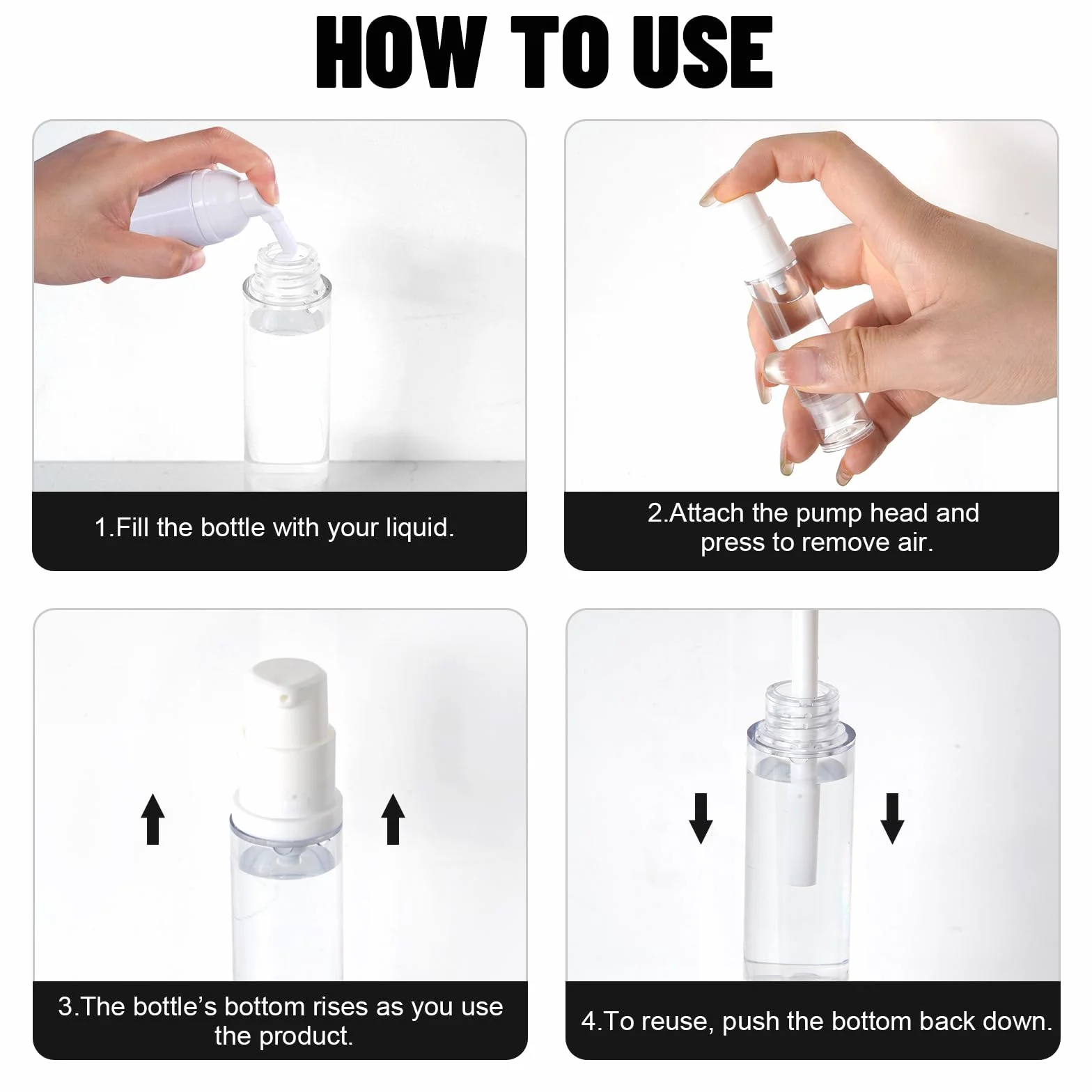 Leikedun 10 flaconi vuoti a pompa airless da 10 ml, ricaricabili, trasparenti, da viaggio, contenitori per cosmetici, con adesivi, per fondotinta, essenza, crema, lozioni, articoli da toeletta