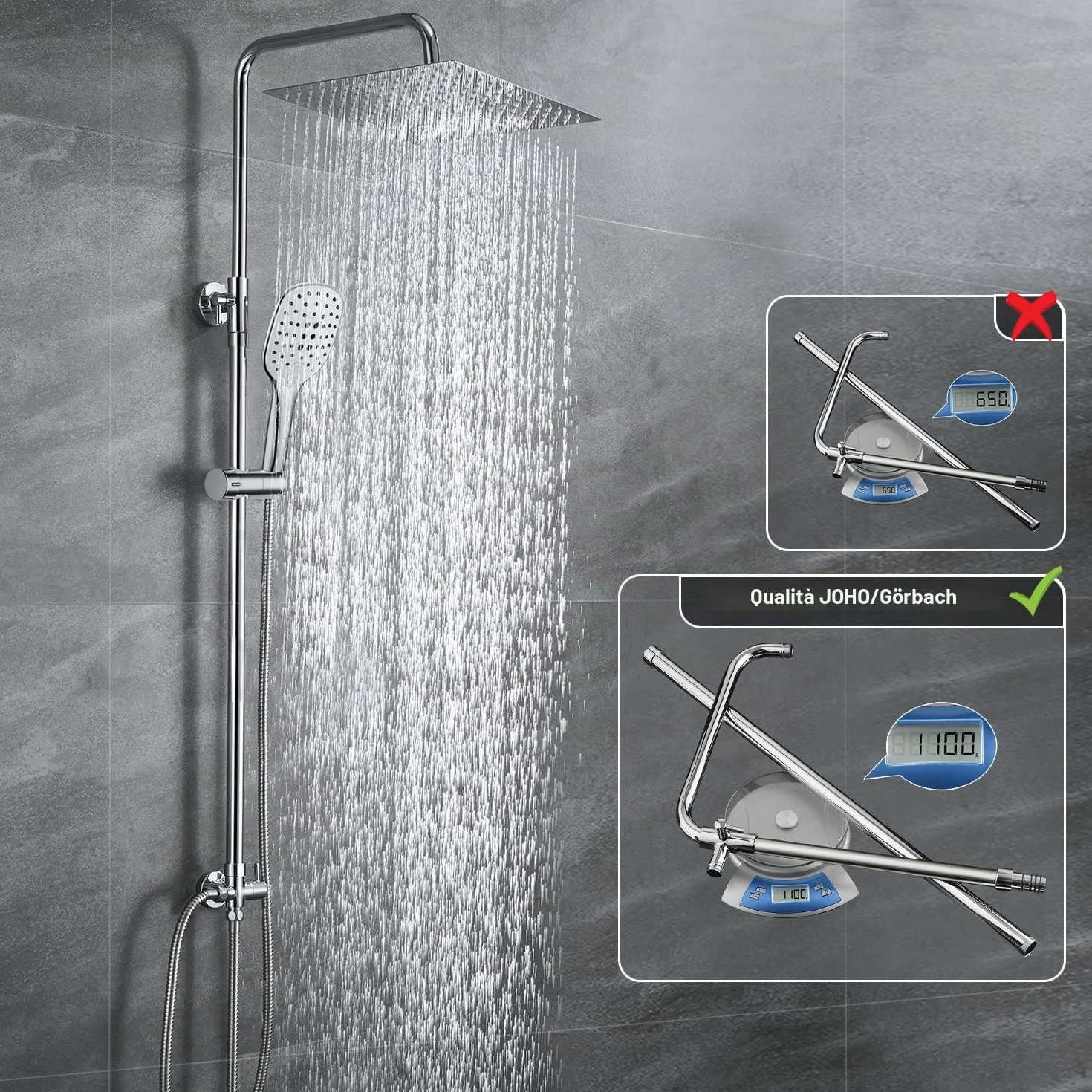 JOHO Colonna Doccia in Acciaio INOX Termostatica Set Soffione 20x20 cm Cromo