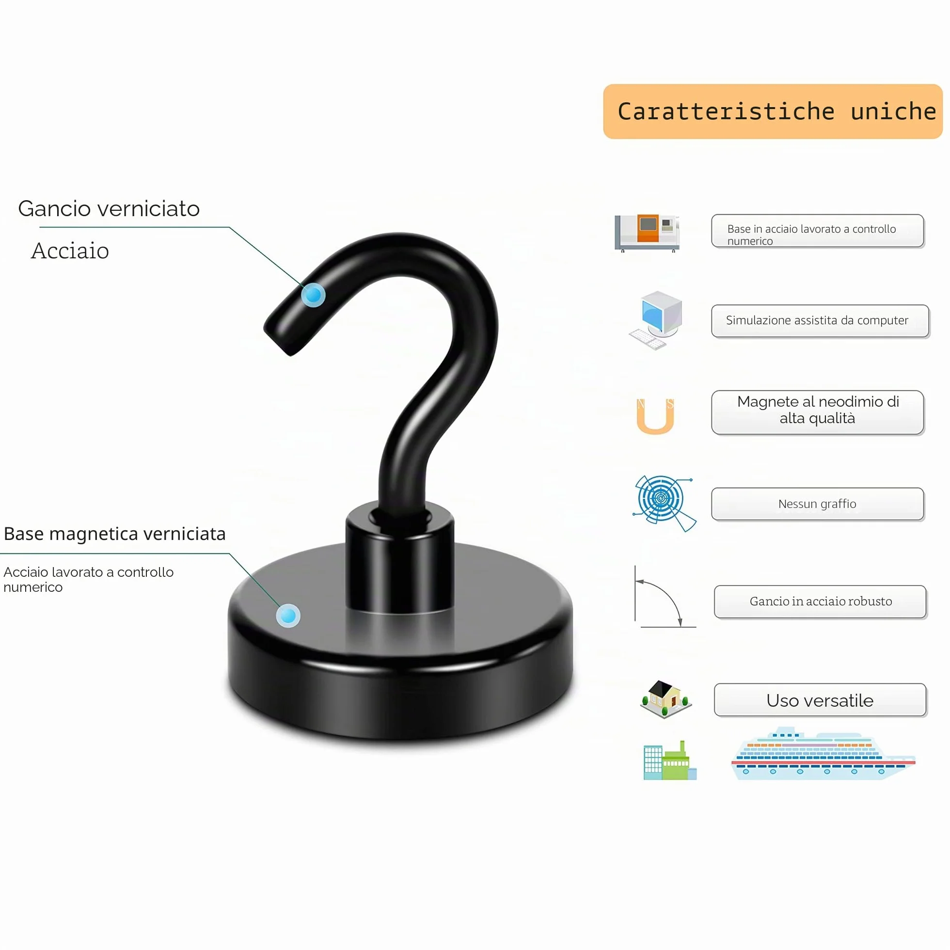Magneti Magnetici Neri Resistenti 45.4 kg Extra Forte, Gancio in Metallo per Frigorifero, Confezione da 4