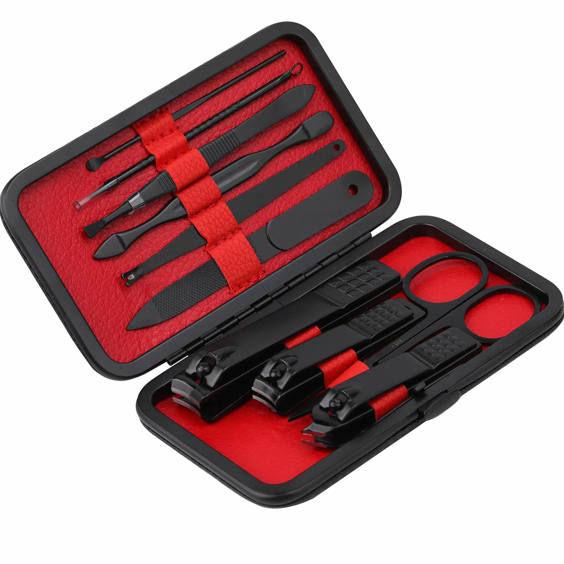 Glamne Set manicure Kit tagliaunghie Strumenti professionali per la cura delle unghie in acciaio inossidabile con custodia da viaggio in pelle 10 in 1 Nero