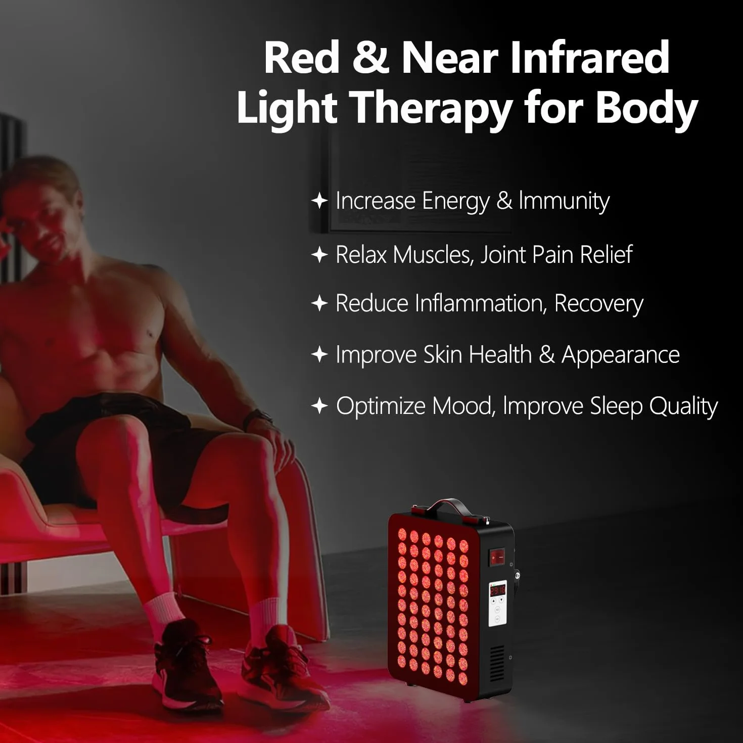 Dispositivo di terapia della luce rossa per il corpo, vicino infrarosso doppio chip 660nm＆850nm, per il corpo, il fronte, il rilassamento, il miglioramento del sonno, sollievo dal dolore (300W)