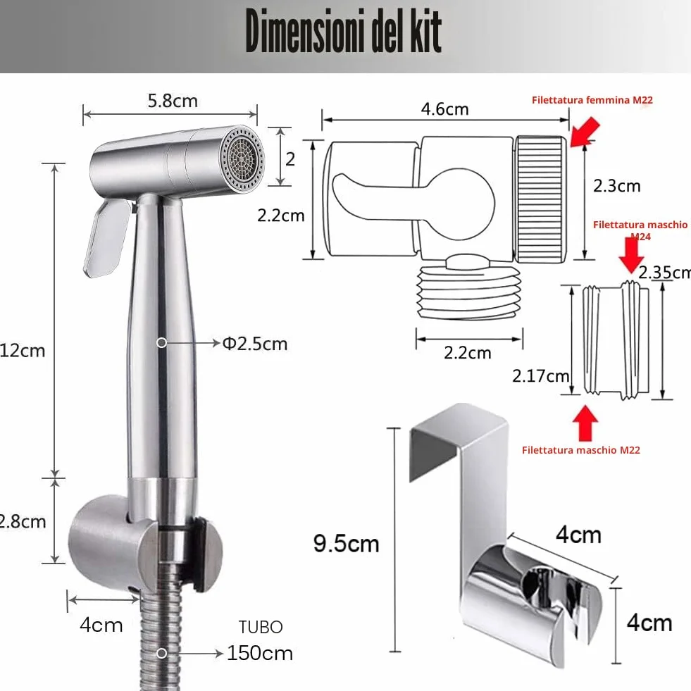 Bidet Portatile Kit Doccetta Spruzzatore WC Acciaio Inossidabile Deviatore 2 Vie Tubo 1,5m Supporto