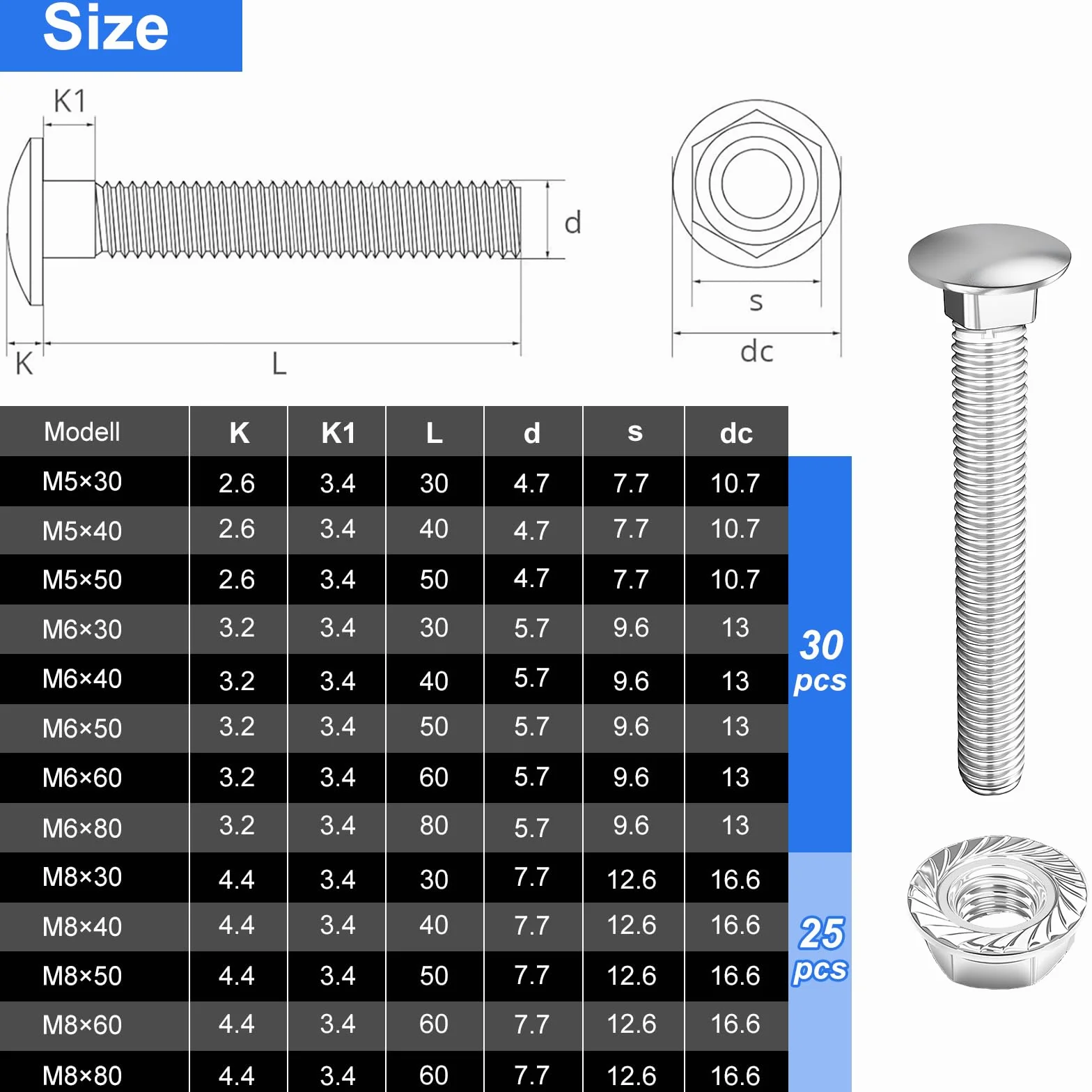 DIN 603 viti a testa tonda M6 x 80 mm zincate dadi flangiati acciaio inox
