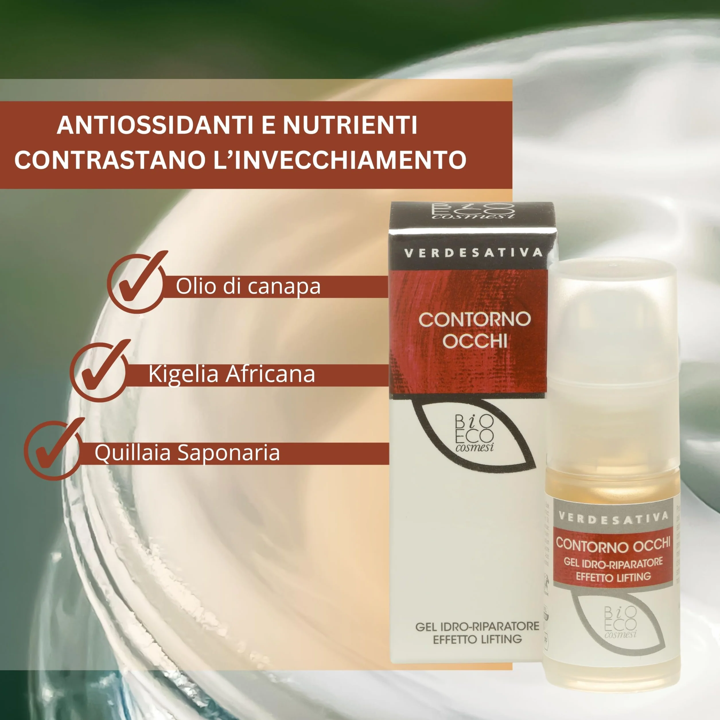 Gel Contorno Occhi Lifting - 15ml - Con Kigelia, Quillaia e Estratti Vegetali ad Azione Tensore - Riduce Borse e Rughe d’Espressione - Texture Leggera e Idratante - Made in Italy
