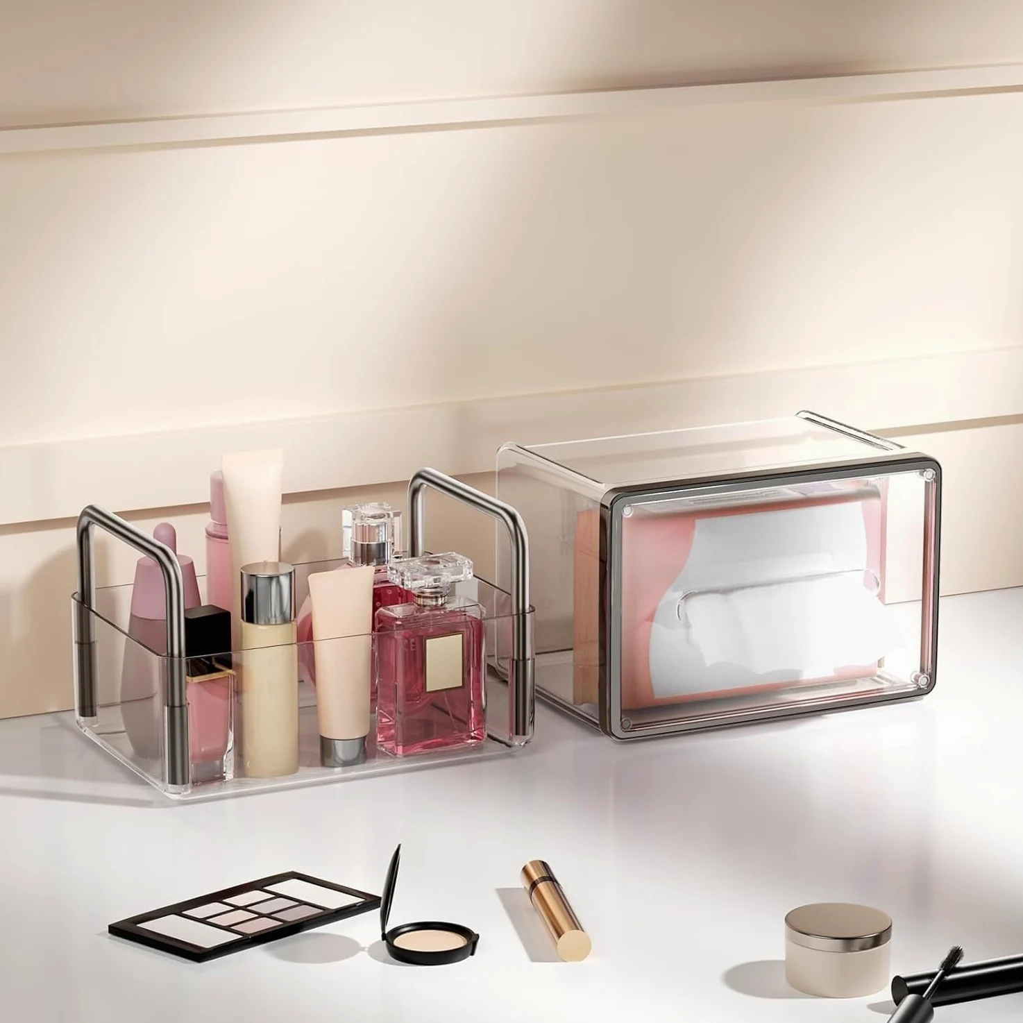 Organizer Trucchi Multifunzione, Organizer Per Trucchi Impilabile, Organizer Per Cosmetici In Acrilico Trasparente Con Scatola Per Fazzoletti In Plastica Trasparente Per Riporre I Trucchi Make Up Orga