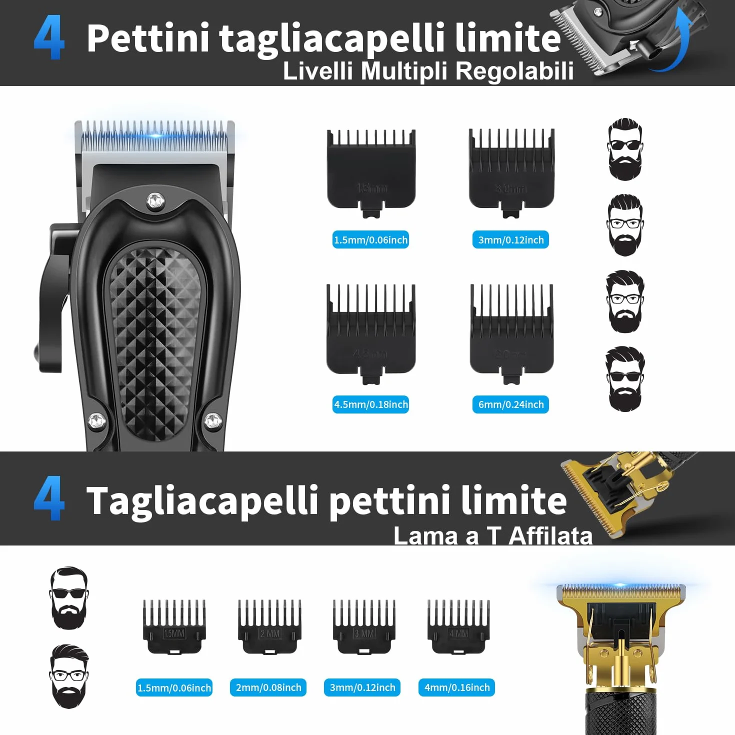 HIENA PRO Tagliacapelli Uomo Professionale, Macchinetta per Capelli Senza Fili, Regolabarba, Rasoio a Lamina, Kit Completo per Rasatura e Taglio di Capelli Elettrico