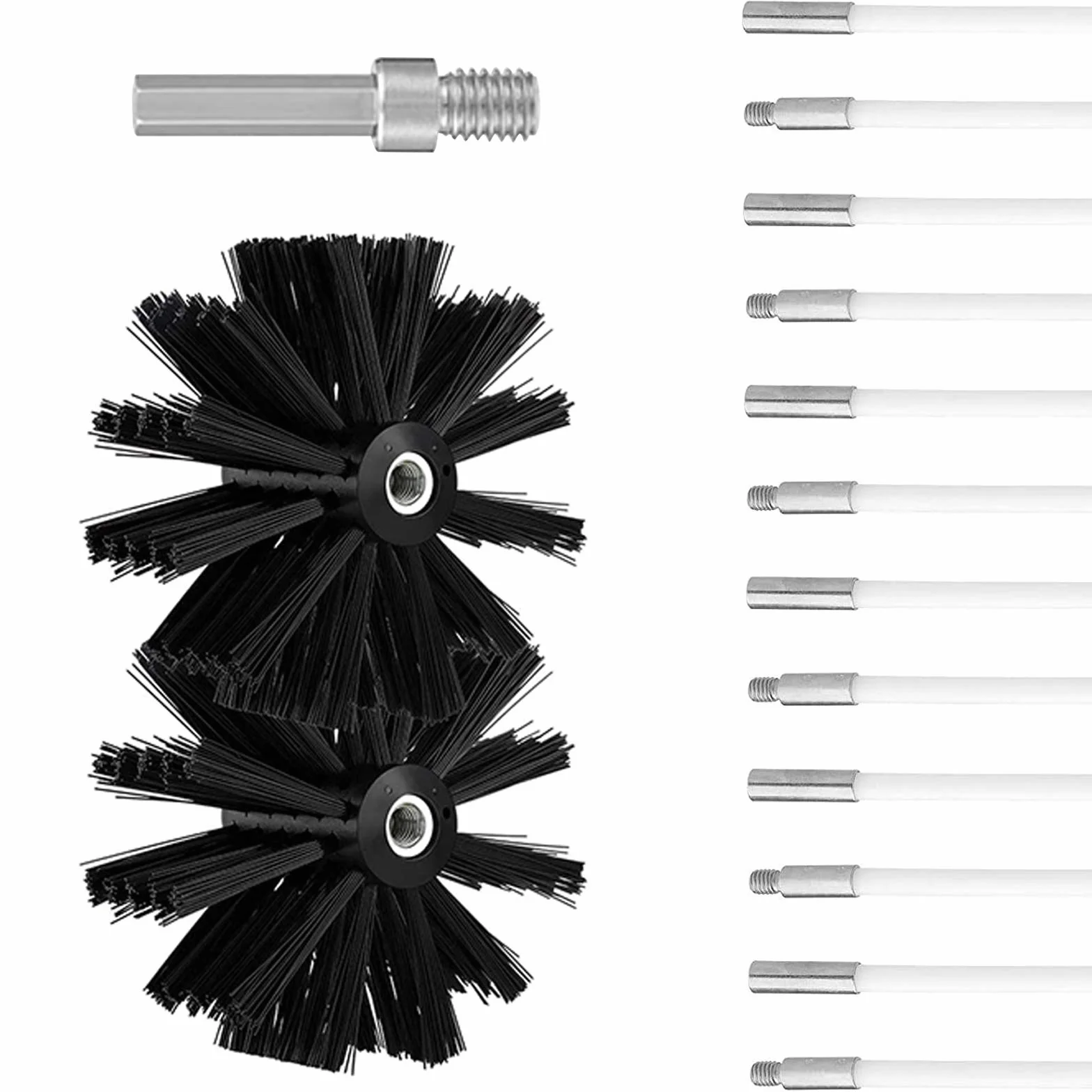 Spazzola Pulizia Camino 120mm Diametro con 12 Aste Nylon 410mm e 2 Testine per Canna Fumaria