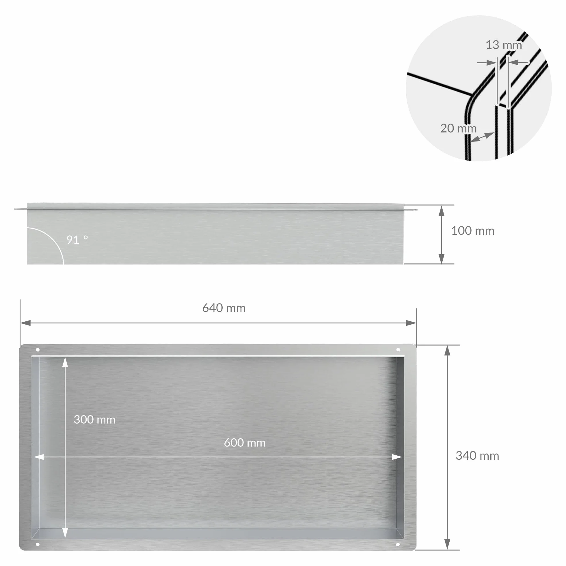 LuxeBath Nicchia a Parete senza Cornice in Acciaio Inossidabile 60x30x10 cm Argento per Bagno