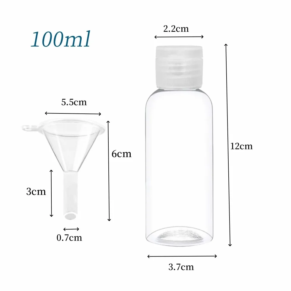 Bottiglie di Viaggio 100 ml,10 flaconi liquidi da riempire con Viaggio Aereo con 4 Imbuti,ContenitoriContenitori di plastica trasparente, bottiglie per cosmetici per Shampoo Lozioni Liquide Creme