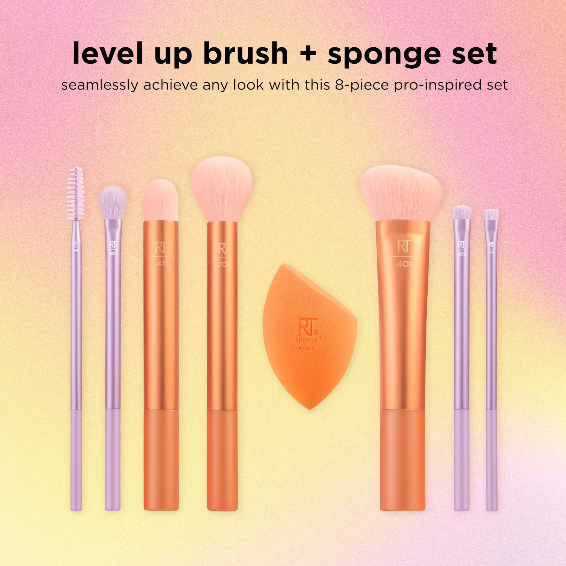 Real Techniques Level Up Brush + Sponge Kit, pennelli trucco per ombretto, fondotinta, fard e bronzer, strumenti di trucco di qualità professionale, setole sintetiche, set da 8 pezzi