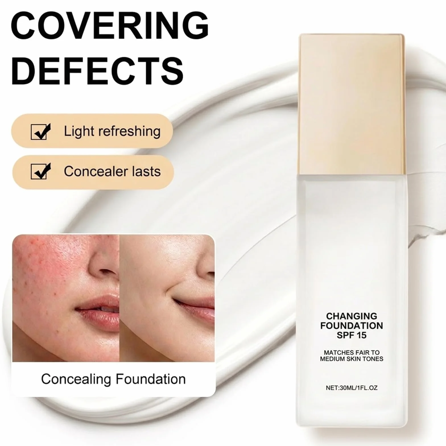 2026 Nuovo Mira Glow Fondotinta Pelli Mature SPF15 Fondotinta Adattivo Fondotinta Cambia Colore con Pennello Fondotinta Coprenza Naturale Texture Idratante Trucco a Lunga Tenuta 1 Pezzi