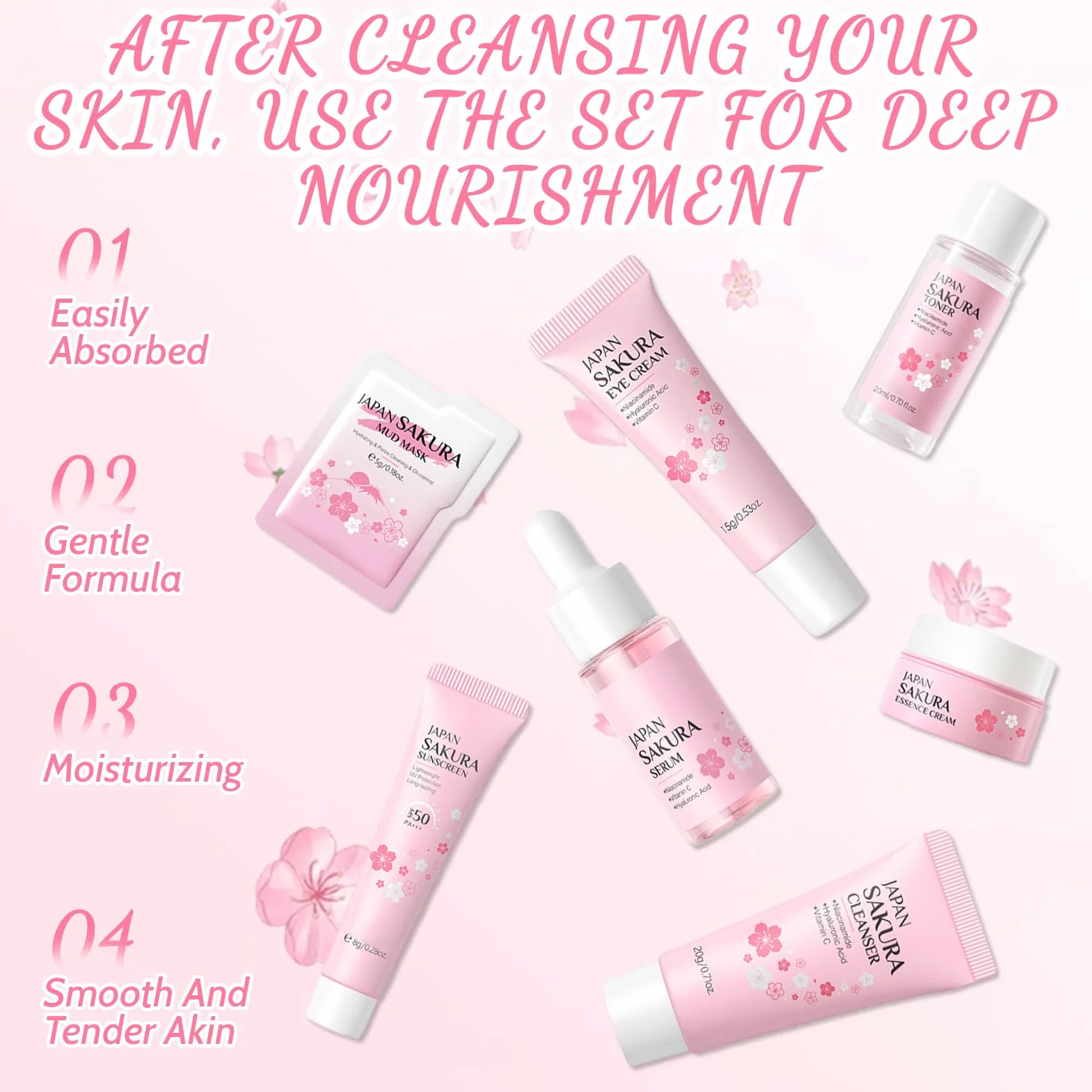 29 Pezzi Kit per la Cura della Pelle Sakura, include Detergente, Tonico, Crema Viso, Maschera, Siero e Crema per Gli Occhi, Mini Size da Viaggio Prodotti Skincare per Ragazze e Donne