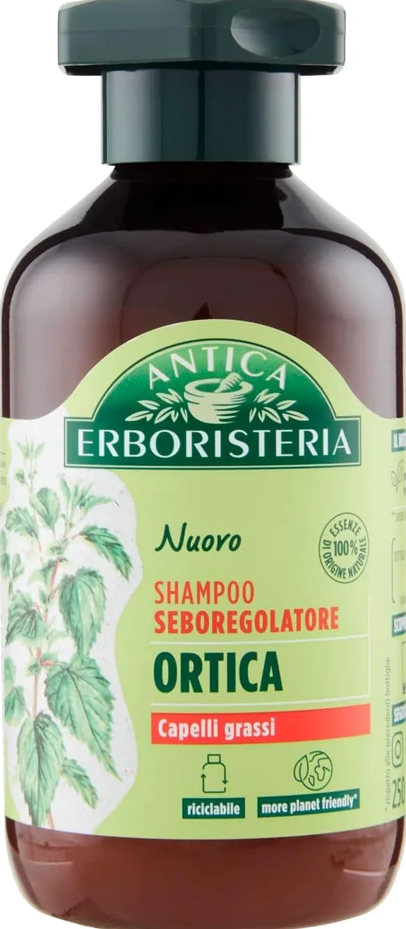 12x Antica Erboristeria Shampoo Seboregolatore all'Ortica per Capelli Grassi Formula Vegan Senza Siliconi e Coloranti,Flaconi da 250ml + Portachiavi Beni Culinari in Omaggio