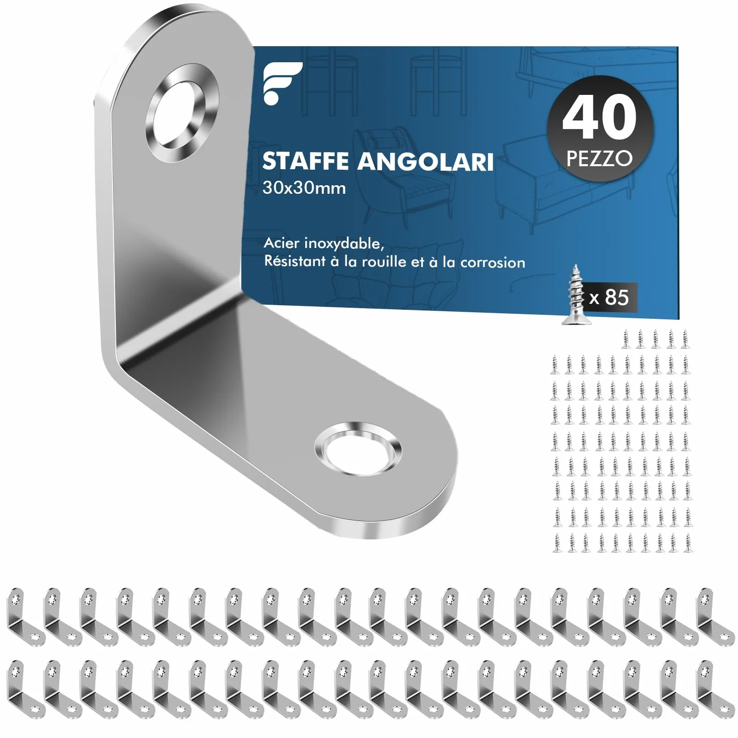 Shinfly Staffe Angolari 40 Pezzi 30 x 30 mm 90° Per Legno Con Viti