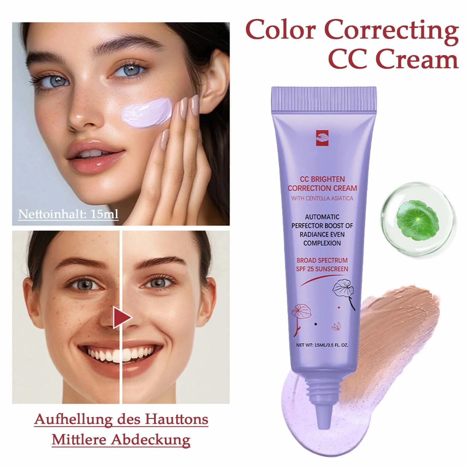 CC Crema Dull Correct Cura automatica della carnagione con Centella Asiatica Fondazione coreana SPF 25 Migliora e idrata Impermeabile e durevole