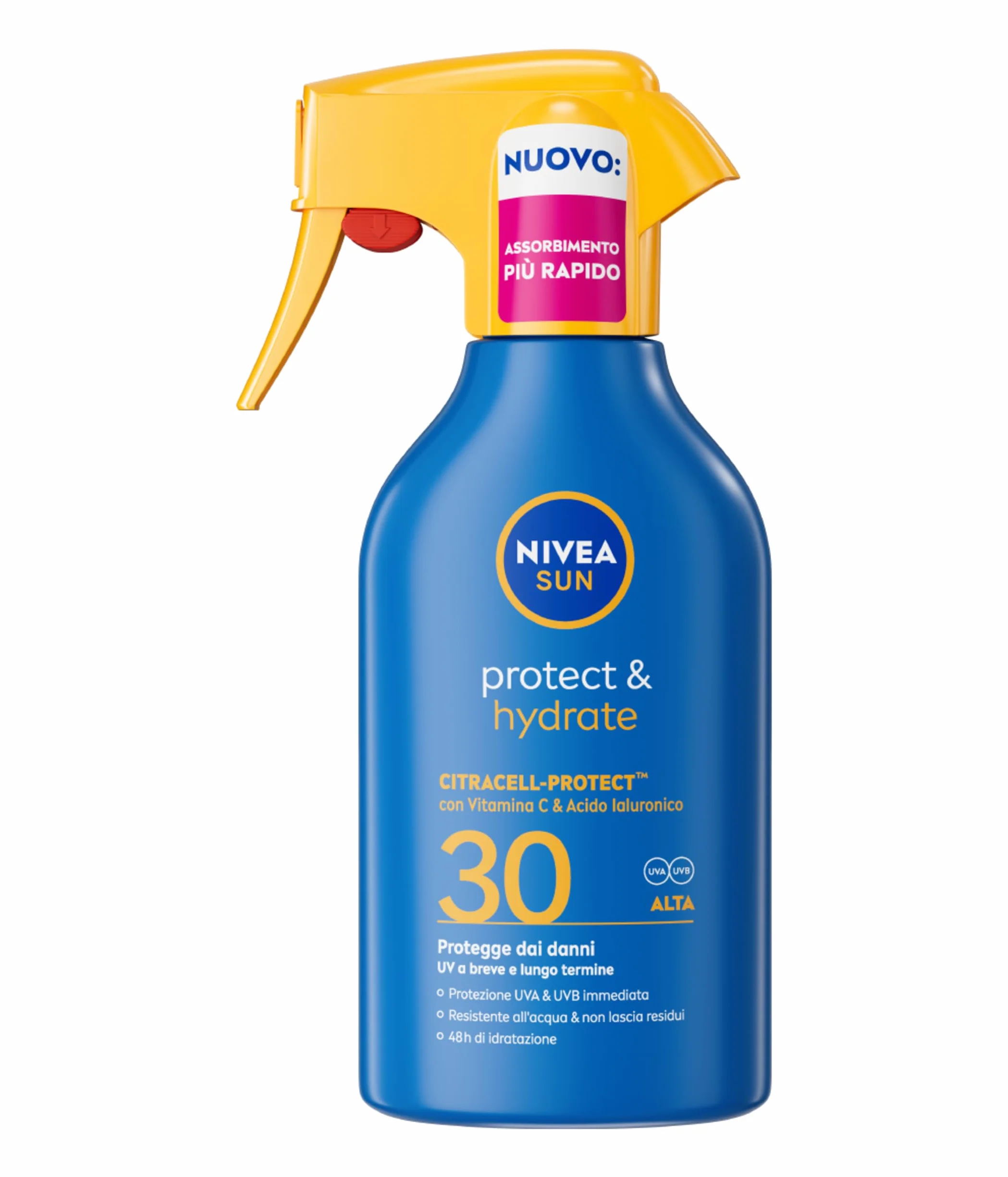 NIVEA SUN Protect & Hydrate Maxi Spray Solare SPF 30 270 ml, Crema solare 30 spray idratante 48h ad assorbimento rapido, Protezione solare 30 resistente all'acqua con Vitamina C e Acido Ialuronico
