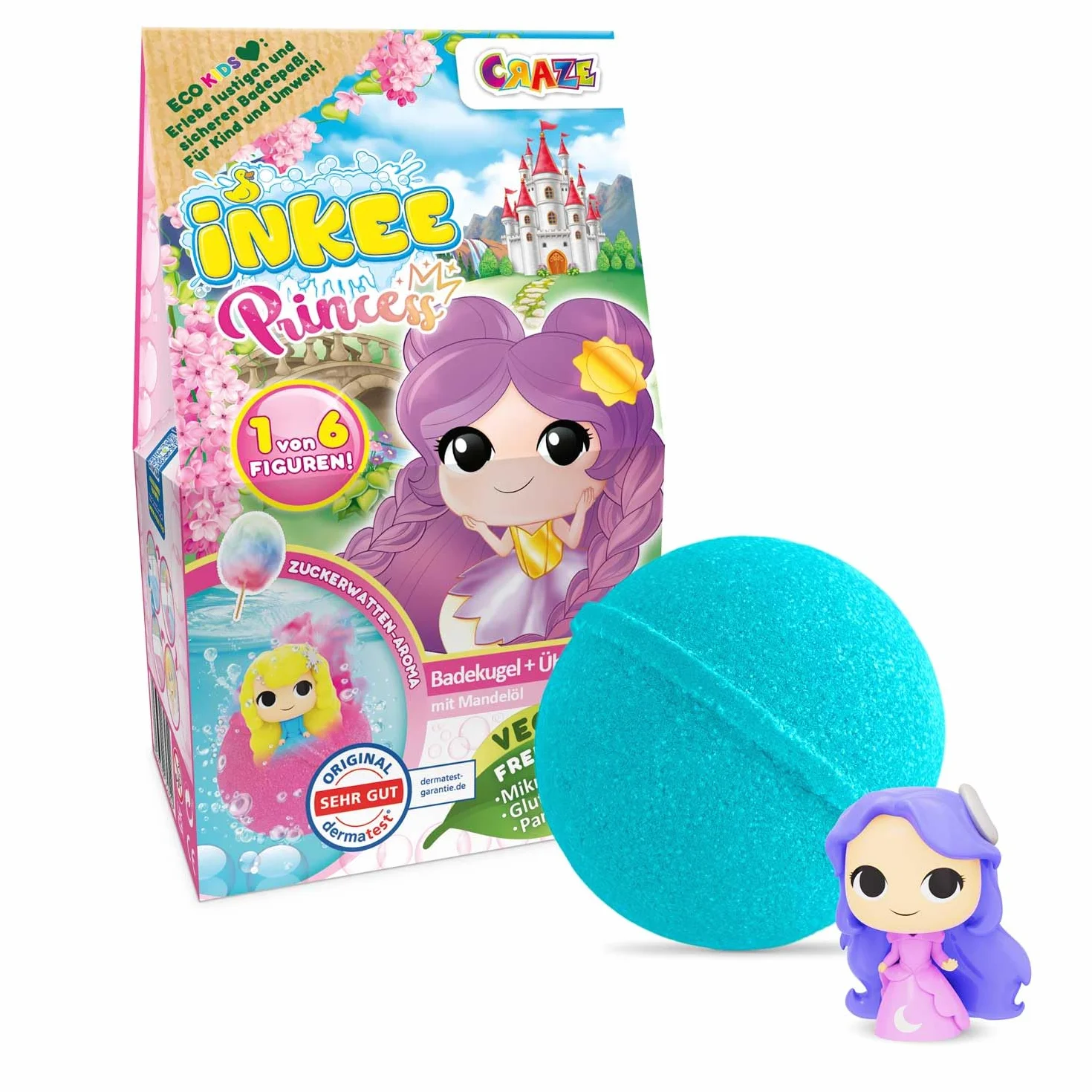 INKEE Surprise Princess – Bomba da bagno principessa con sorpresa, profumo zucchero filato e olio di mandorle, testata dermatologicamente, 100g, rosa o lilla