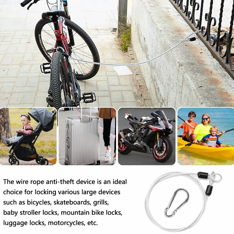 Cavo di Sicurezza in Acciaio Toroidal con Serratura a Moschettone per Biciclette 1m x 3mm Argento 4 Pezzi