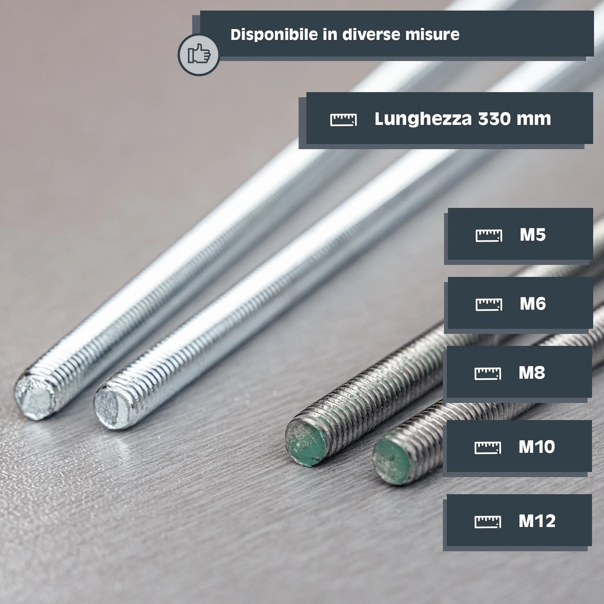Asta filettata M6 x 330 mm acciaio zincato set 2 pezzi DIN 976 classe resistenza 4,8
