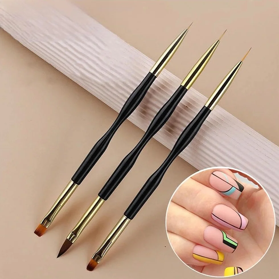 1 Set 3 Pennelli Arte Unghie Doppio Testa, Pennello Dettagli Professionale per Acrilico, Smalto Gel, Design Unghie Fai da Te, Strumenti Manicure