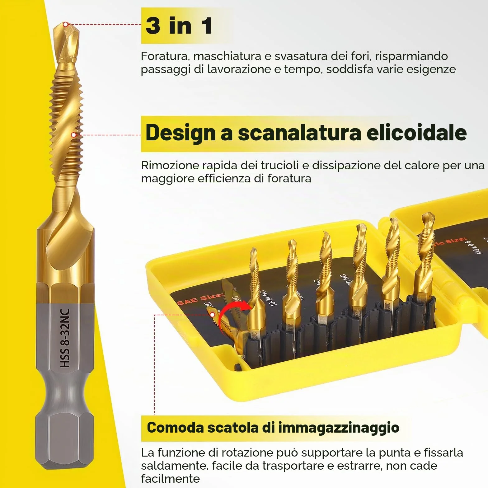 Set di 13 punte per filettatura HSS 6 mm M3-M10 SAE 6-32NC 1/4-20NC