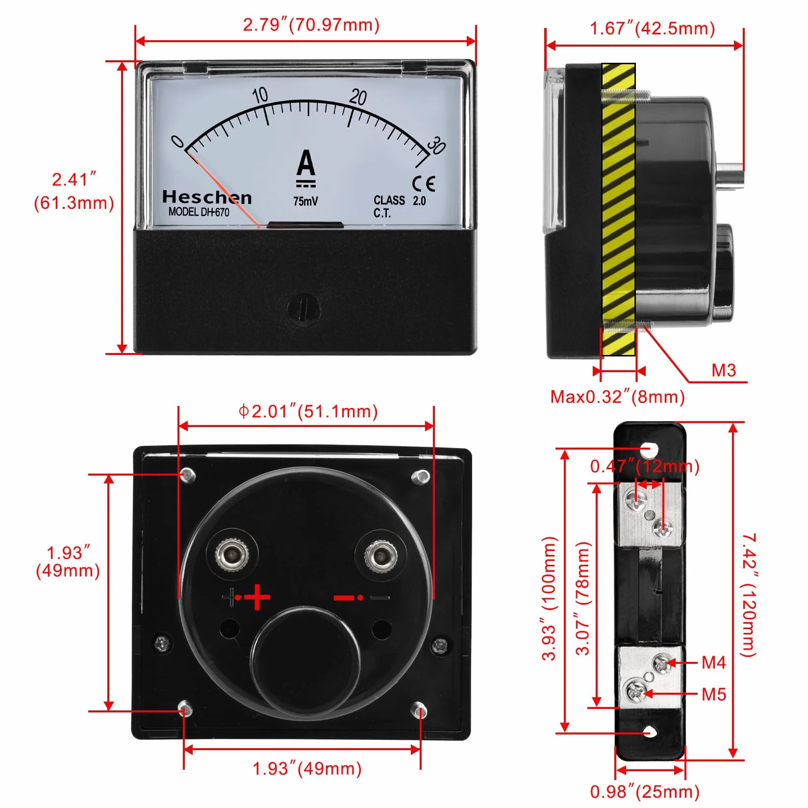 Heschen Contatore amperometro DC 0-30A DH 670 classe 2,0 con Shunt