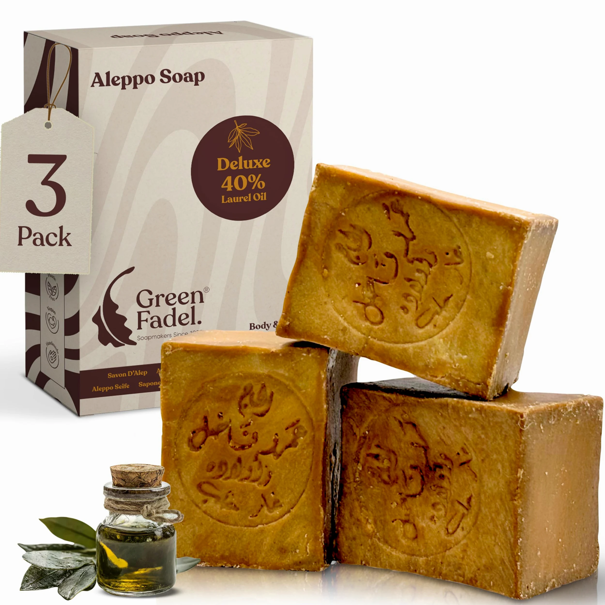 Sapone di Aleppo Originale, 40% Olio di Alloro, 3 x ca. 200 g | Deluxe, sapone all'olio d'oliva, 60% olio d'oliva, sapone naturale, fatto a mano, senza plastica