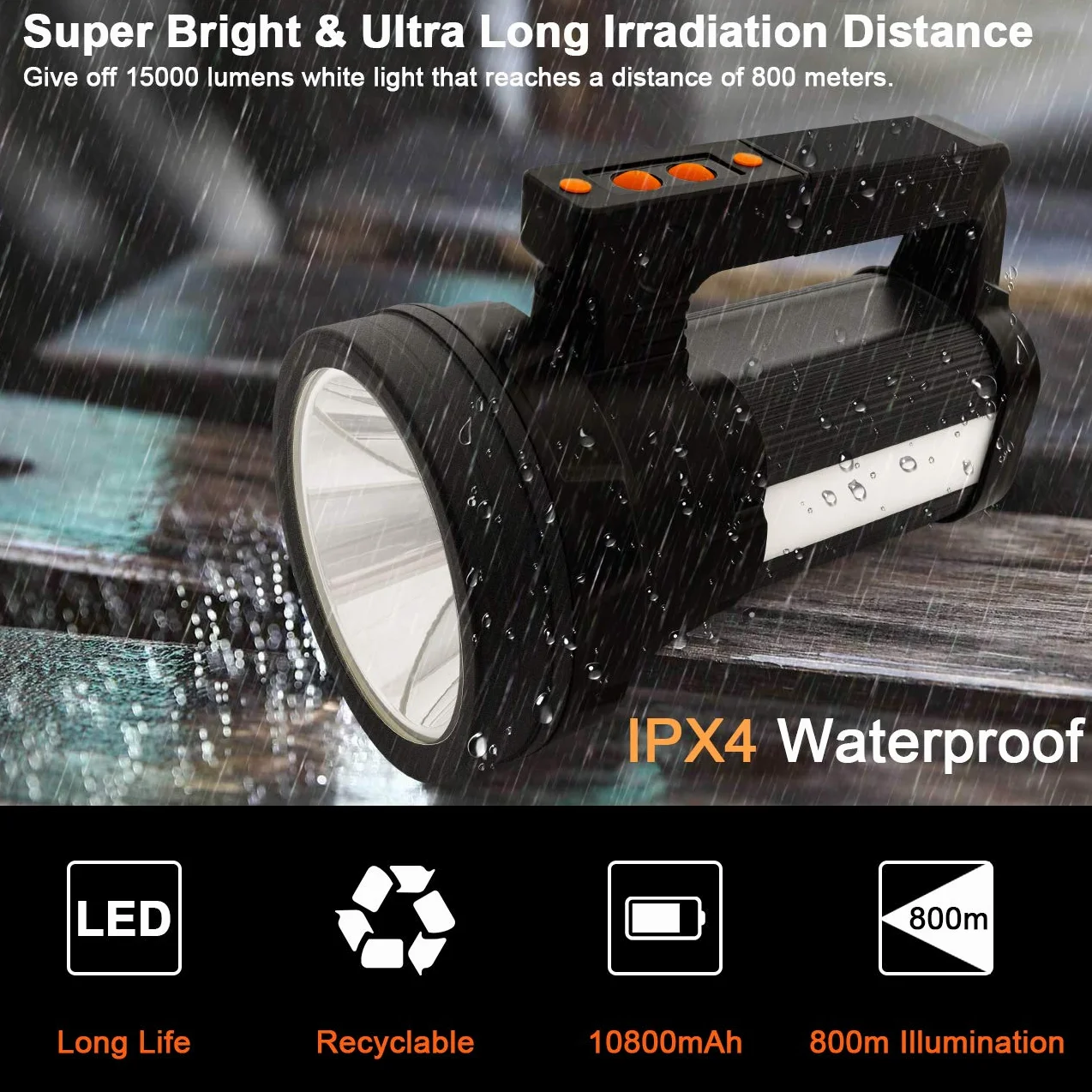 ERAY Torcia LED Ricaricabile 15000 Lumen 10800 mAh IPX4 Super Luminoso per Campeggio