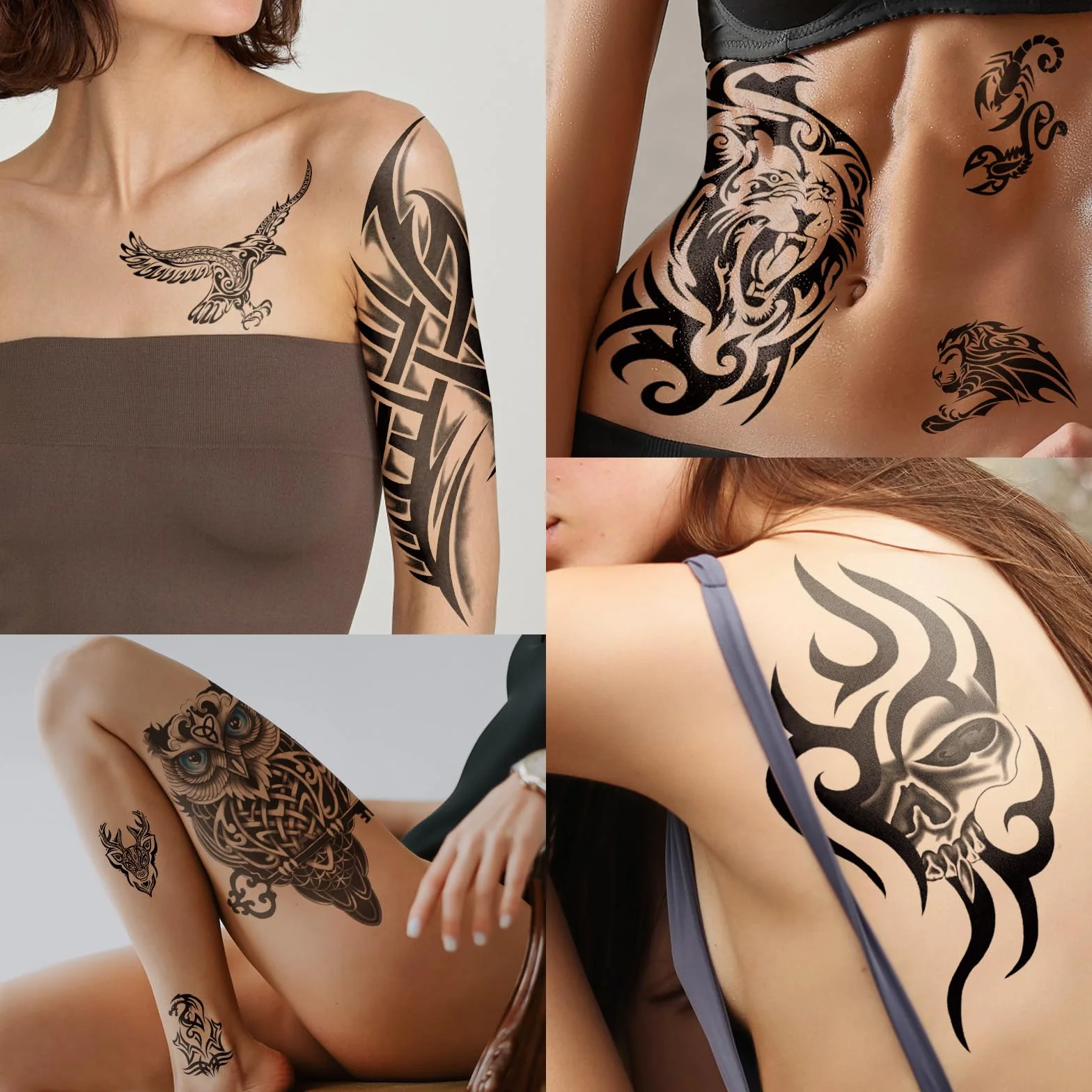 77 Fogli Tatuaggi Temporanei, 17 Fogli Tatuaggi Finti per il Corpo a Mezzo Braccio Tribali Leone Gufo Lupo Tartaruga per Adulti Uomini Donne, 60 Fogli Piccoli Tatuaggi per Ragazzi Ragazze Feste