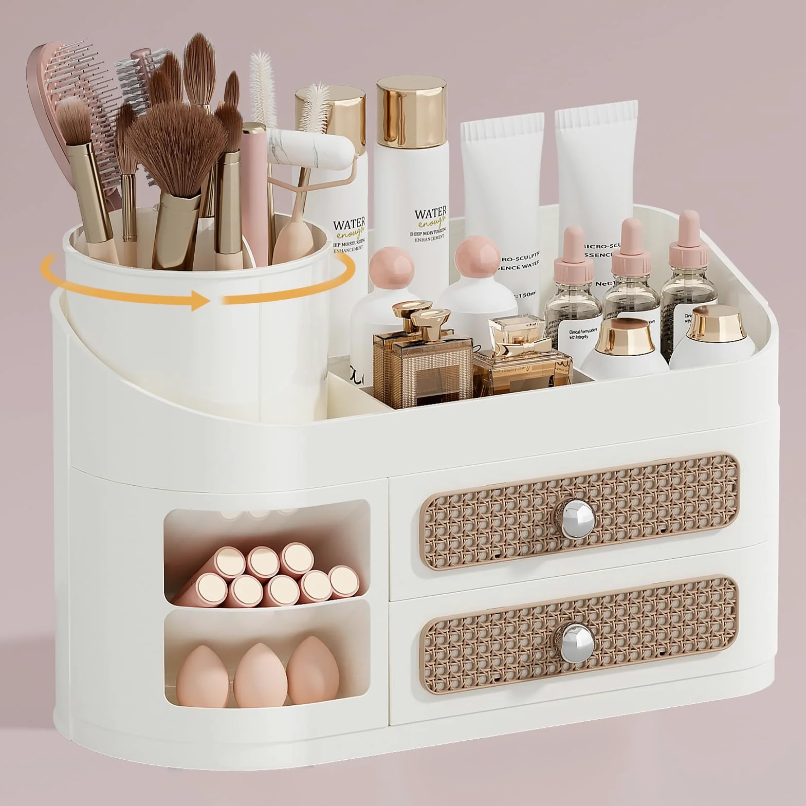 UFORU Organizer per trucchi da toeletta con porta pennelli rotante, organizer per la cura della pelle con 2 cassetti, spaziosa vetrina per profumi, palette di ombretti, smalti per unghie