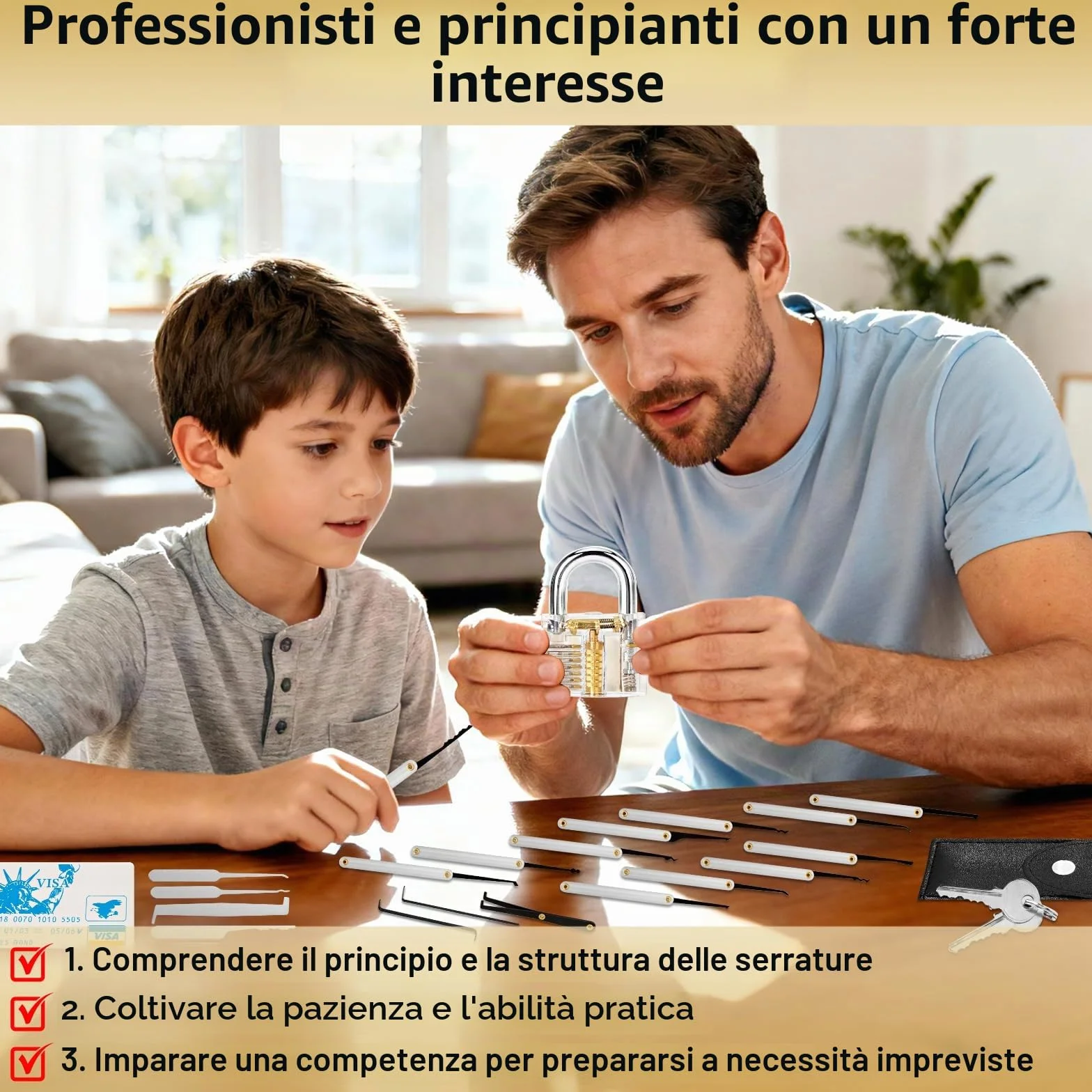 Fabbro Kit Apertura Serratura Universale Lockpicking con Lucchetto Trasparente da Allenamento e Grimaldelli Carta di Credito Set Principianti