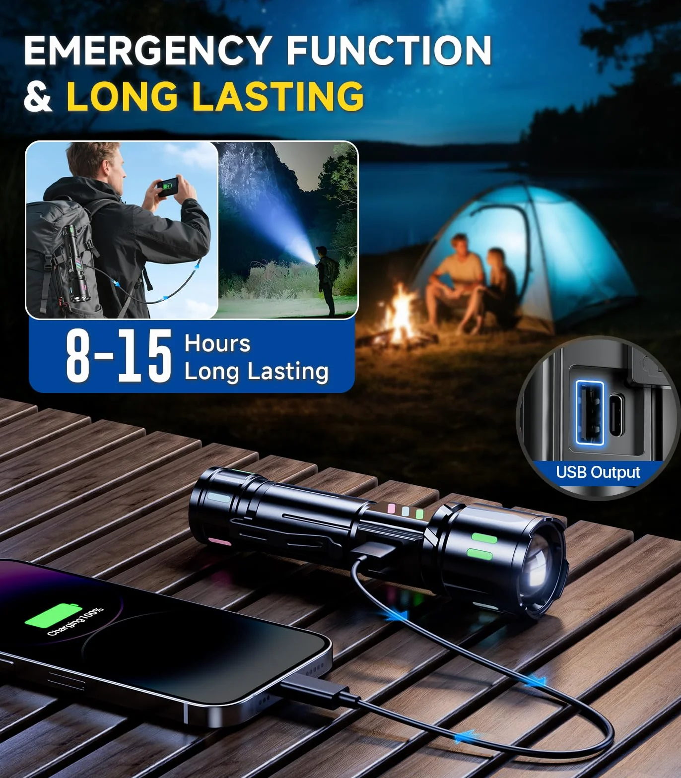 Esgofo LED Torcia Professionale 1000000 Lumens Ricaricabile Zoomabile USB C 3 Modalità 15H
