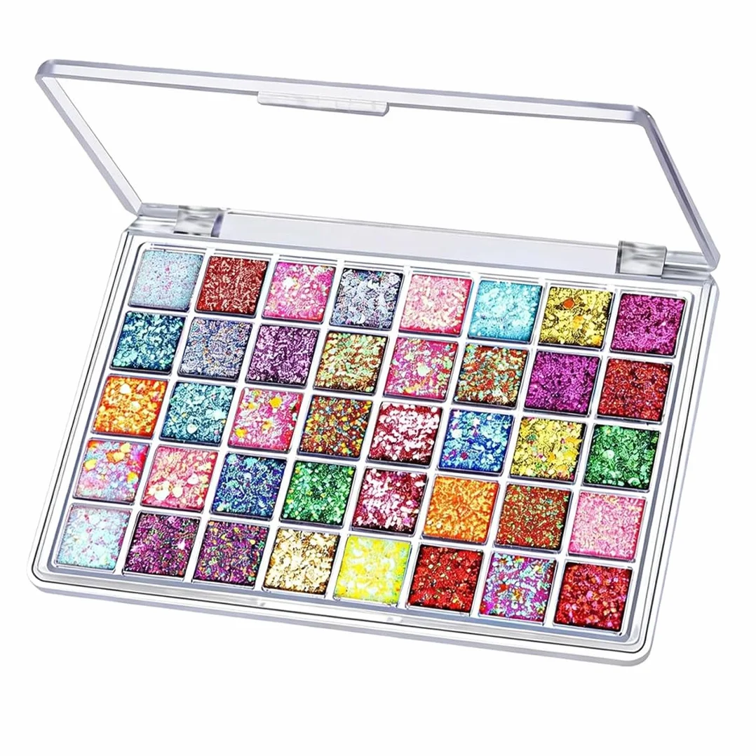 Palette Ombretti Glitter 40 Colori, Altamente Pigmentata per Viso & Corpo. Effetto Gel Lunga Durata per Trucchi Carnevale, Festa, Adulti & Bambini.