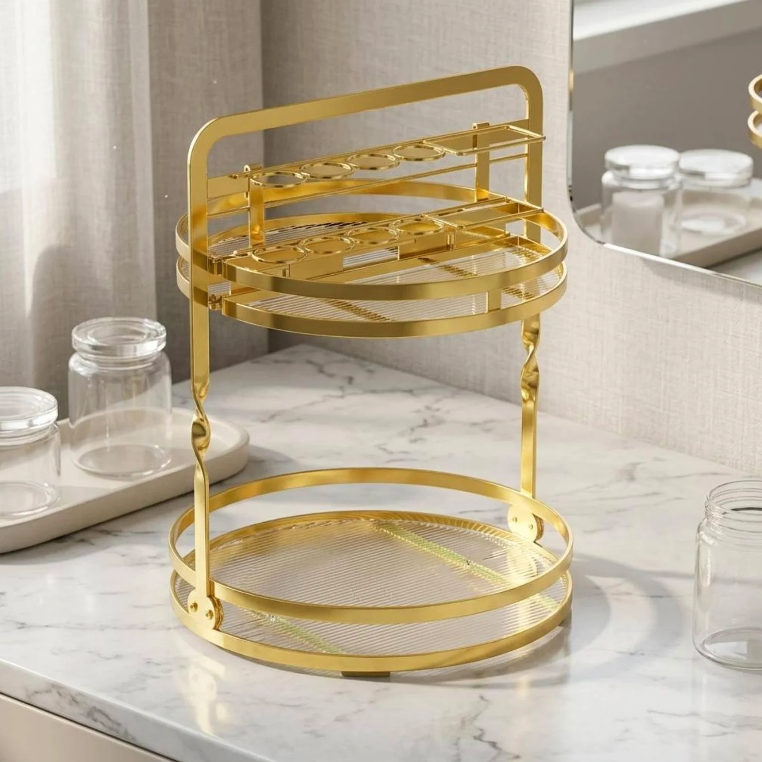 harayaa Vanity Organizer Porta Cosmetici Portatrucchi Portaprofumi Portapennelli Rotazione a 360 Gradi Doppio Livello Telaio in Metallo con Bicchiere Pennelli, Oro, Modello Base